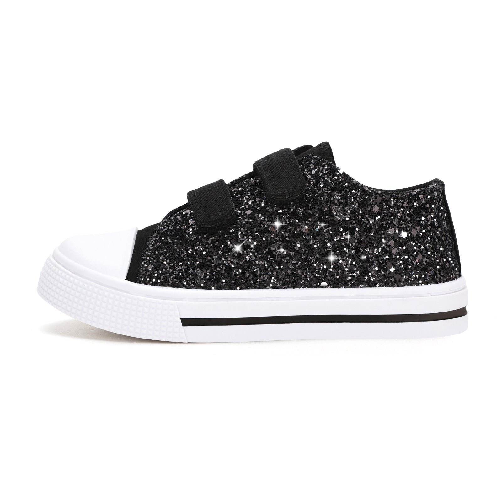 Black glitter sneaker with white sole on a white background