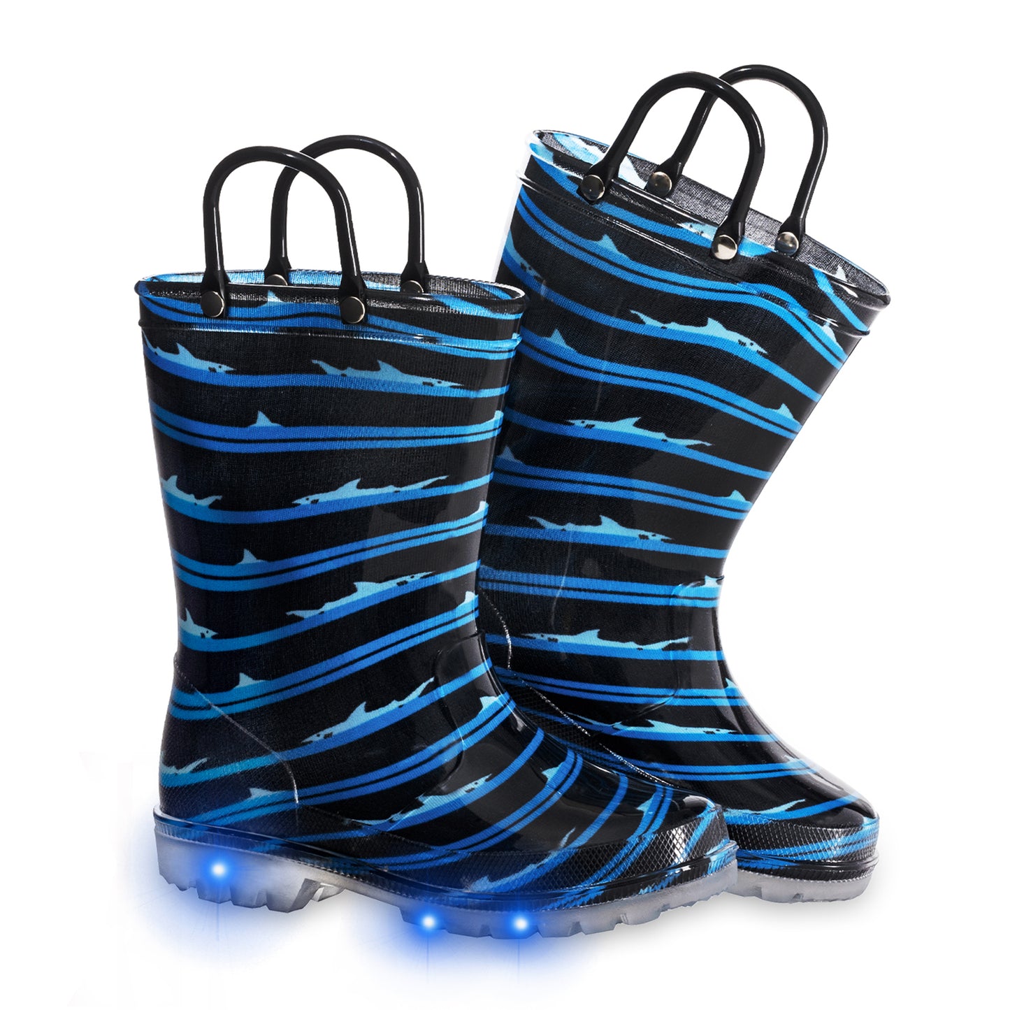 light up blue black shark rain boots