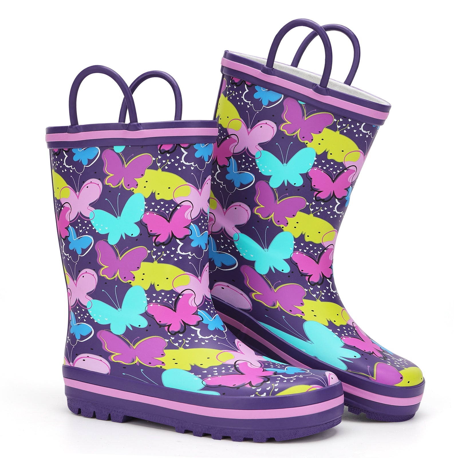 Purple rain boots with colorful butterfly pattern on a white background