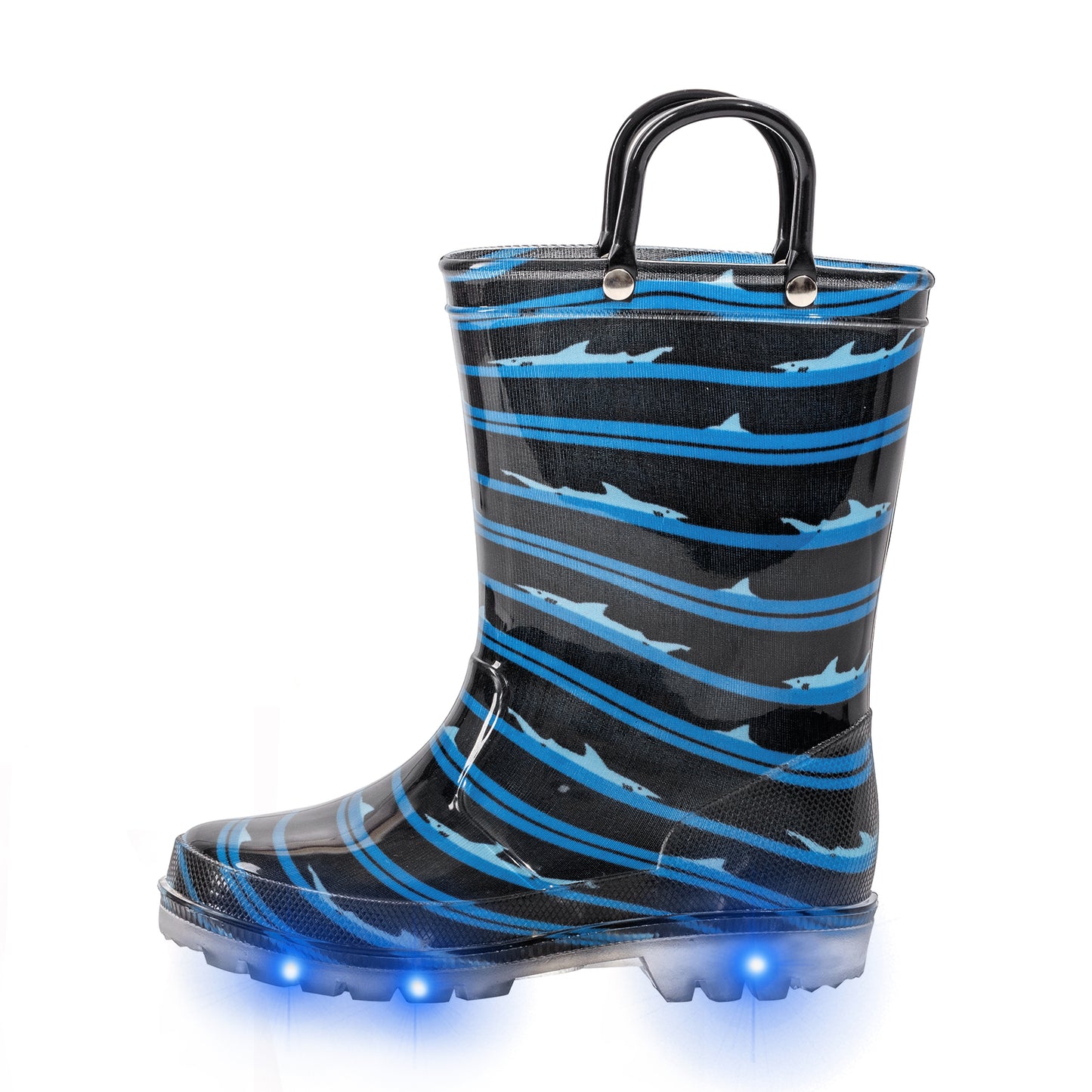 blue black shark light up kids rain boots