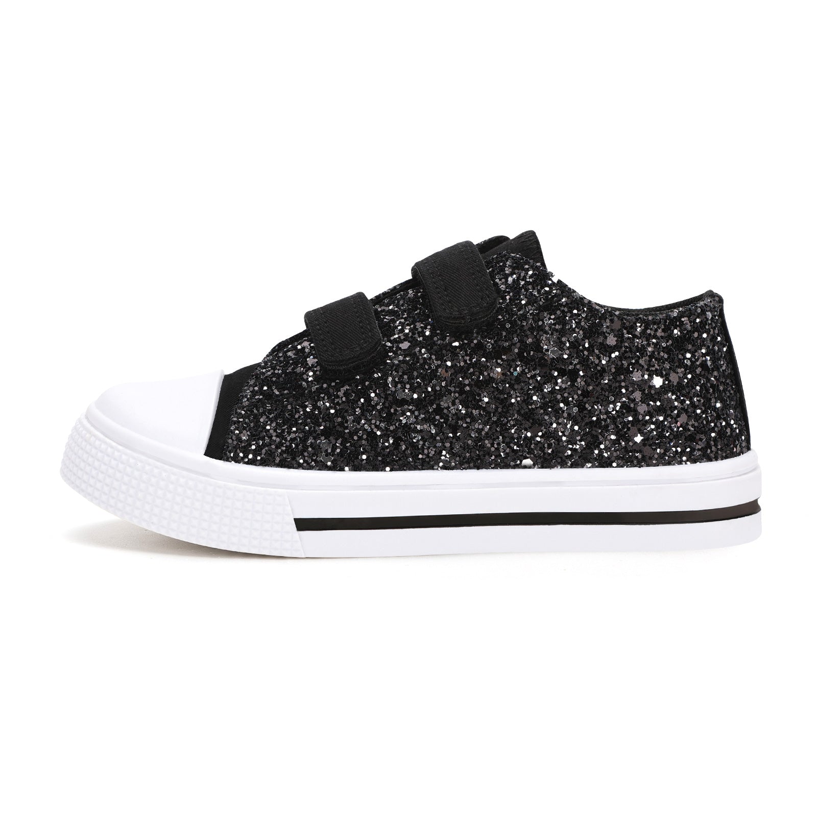 Black glitter sneaker with white sole on a white background