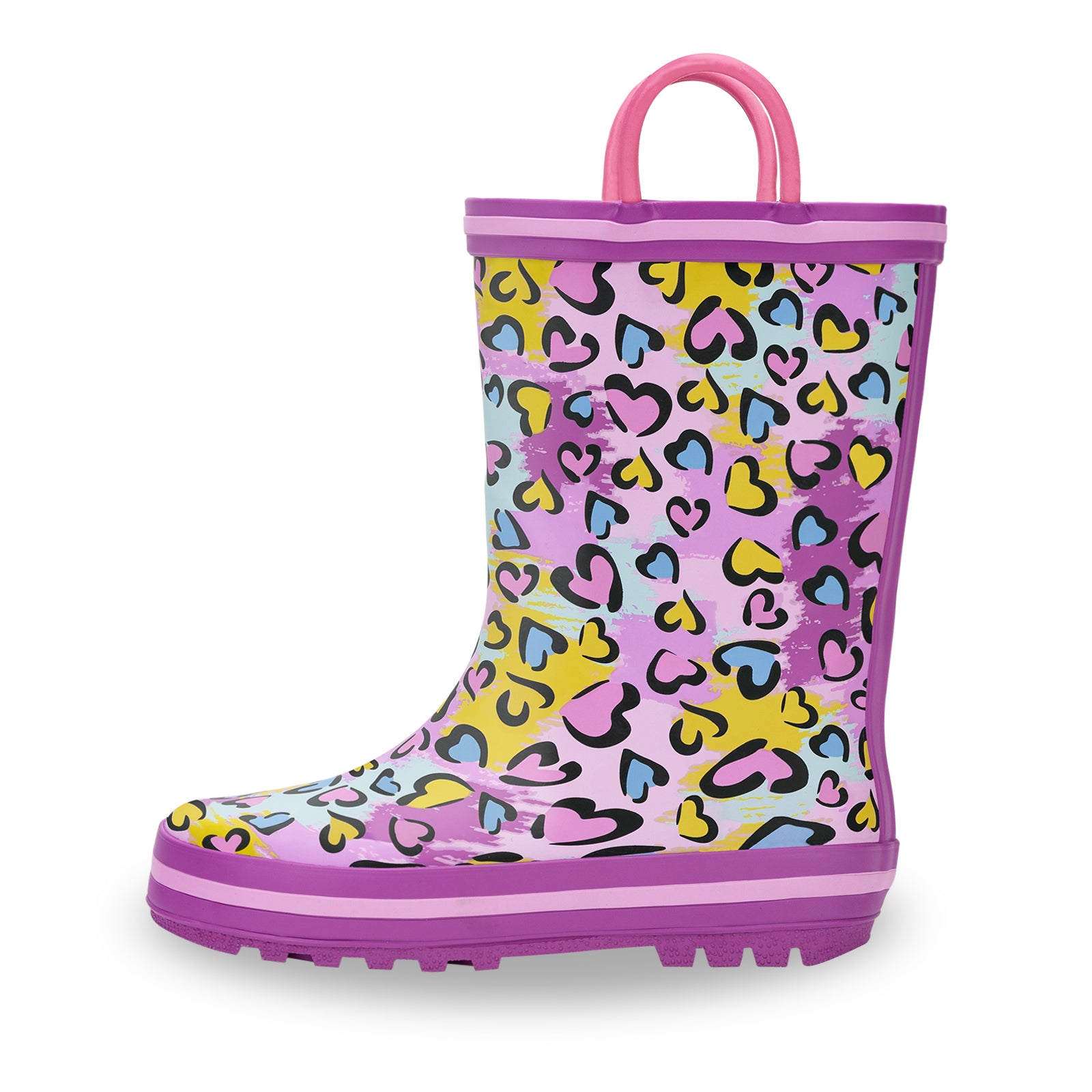 Colorful rain boot with heart and leopard print design on a white background