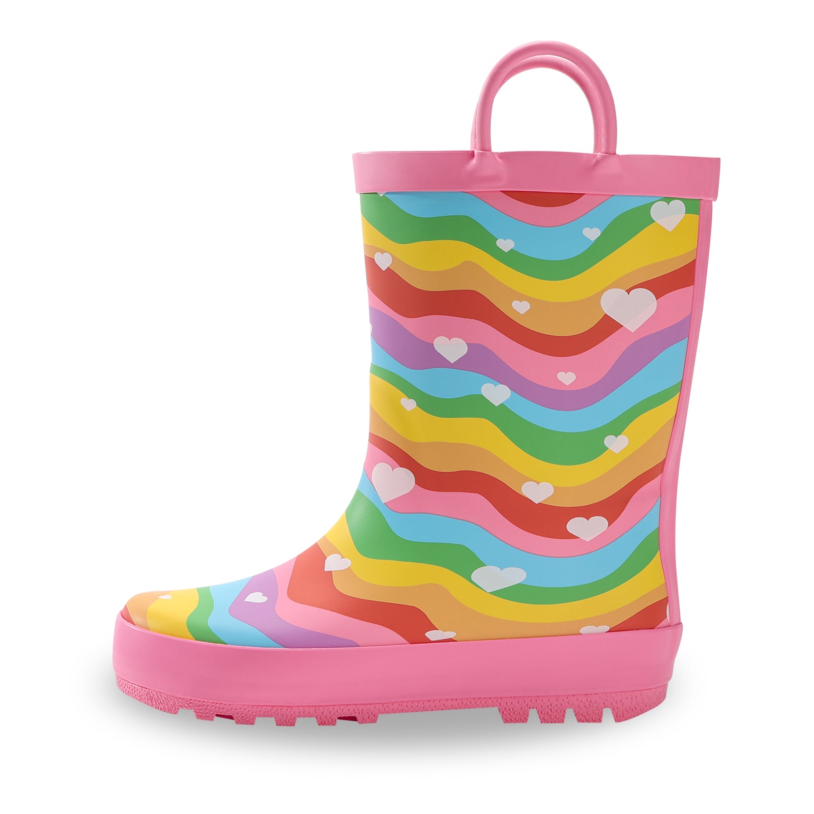 Colorful rain boot with pink handle on a white background