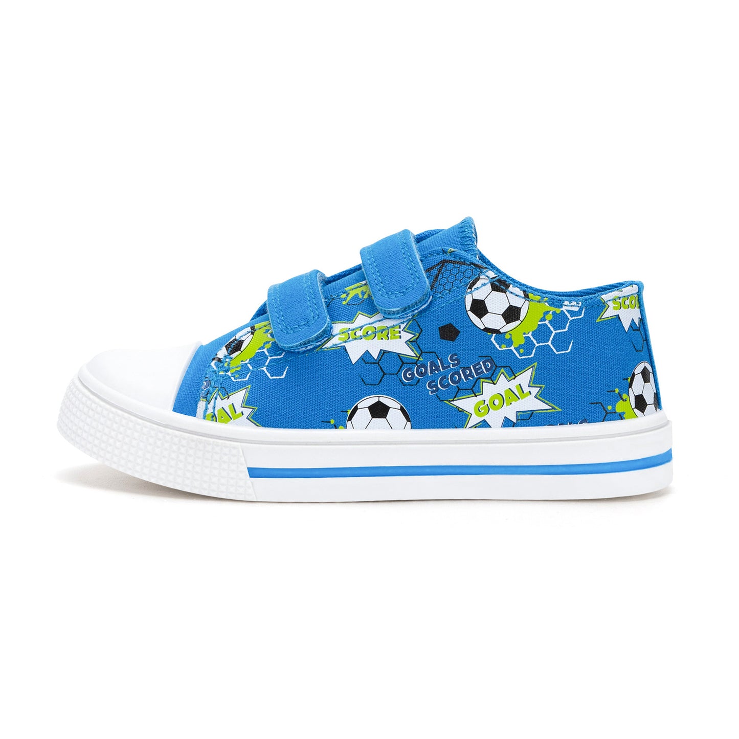 blue children's sneaker with soccer-themed design on a white background