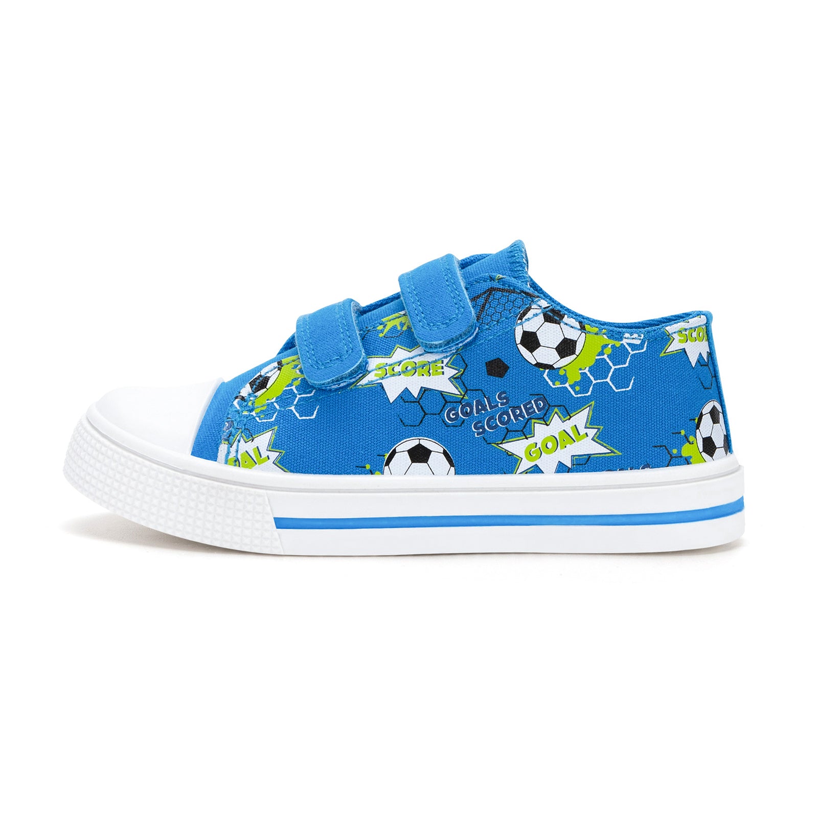 Blue children's sneaker with soccer-themed design on a white background