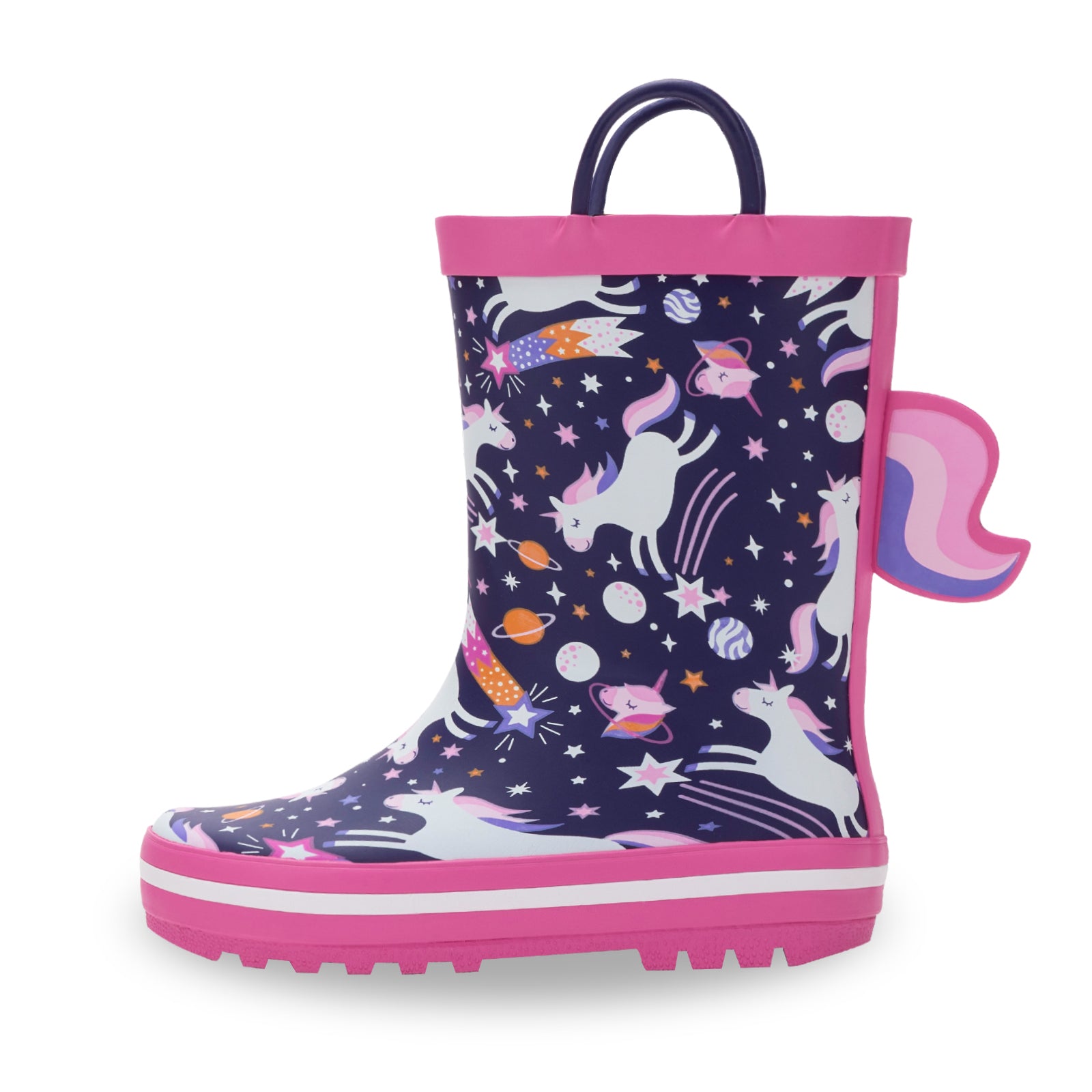 Children's rain boot with unicorn and space design on a white background
