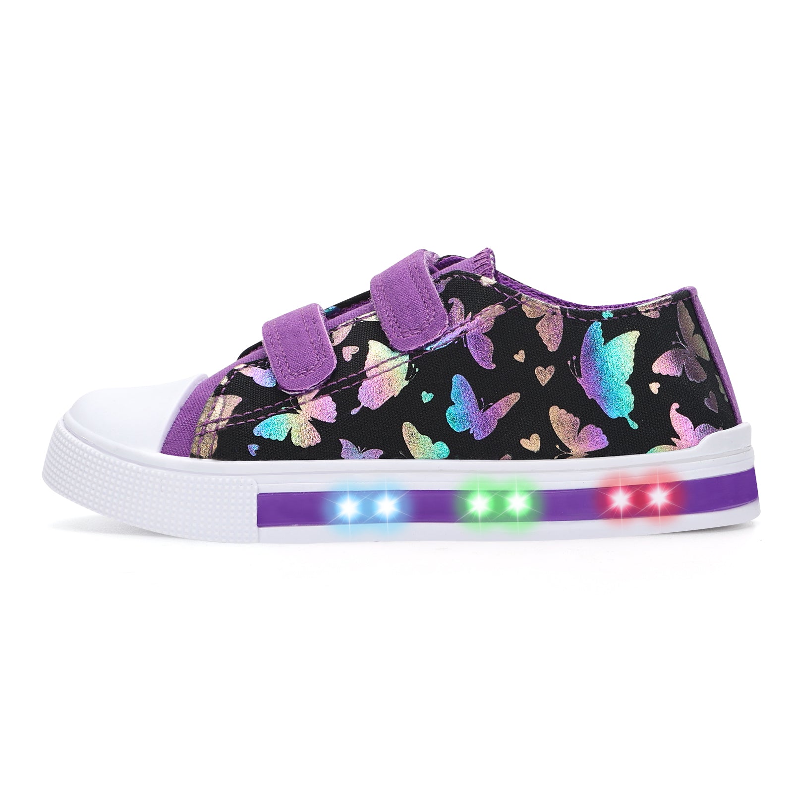 Child's shoe with butterfly pattern and LED lights on a white background