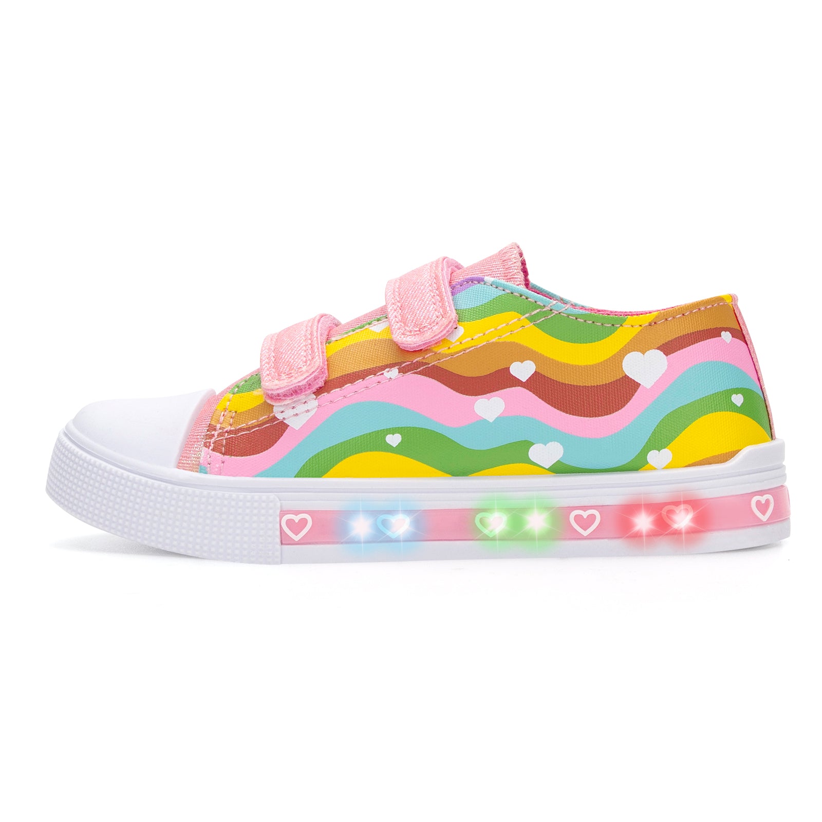 Colorful children's sneaker with wave pattern and heart designs on a white background