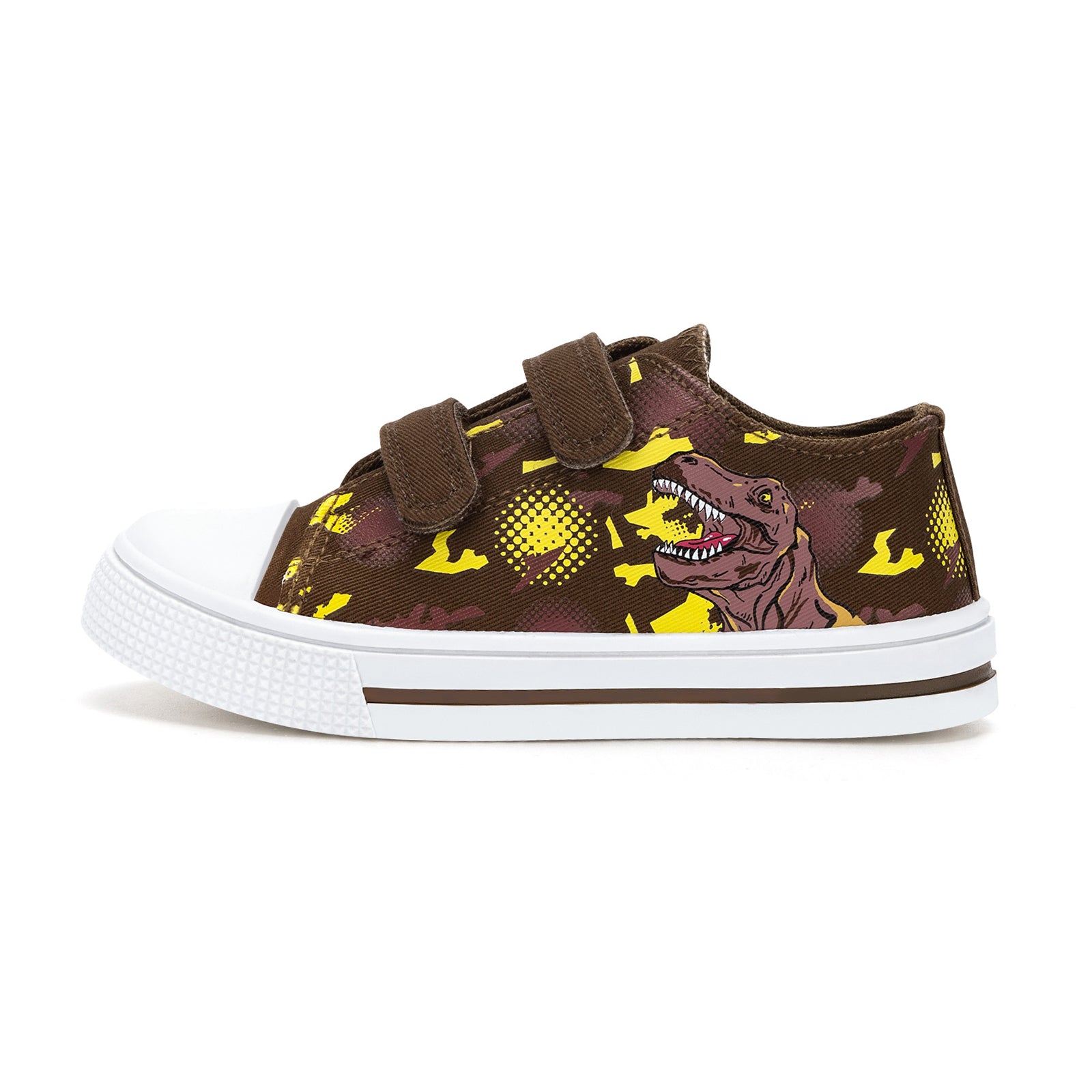 Children's sneaker with dinosaur pattern on a white background