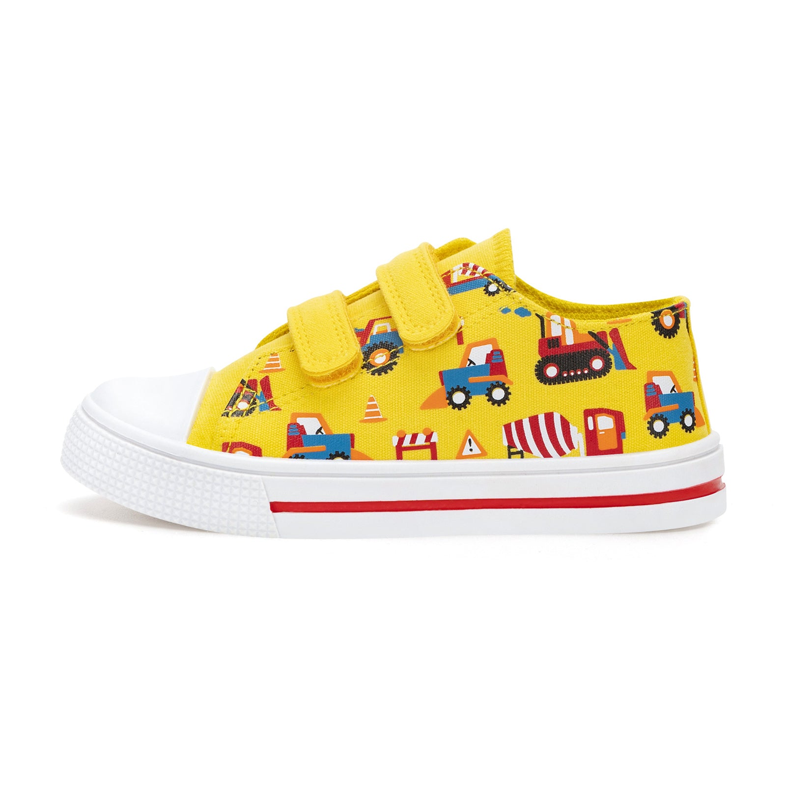 Yellow children's shoe with vehicle pattern on a white background