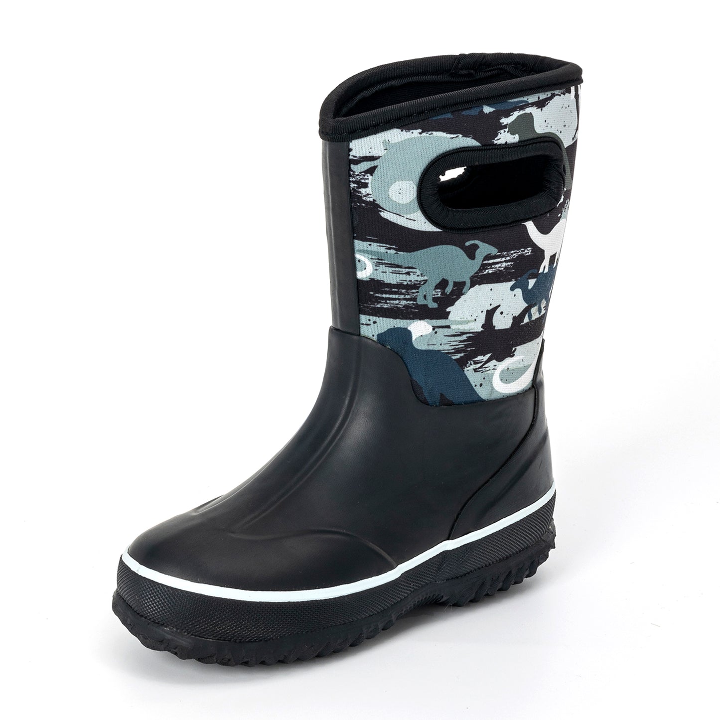 black white dinosaur mud boots