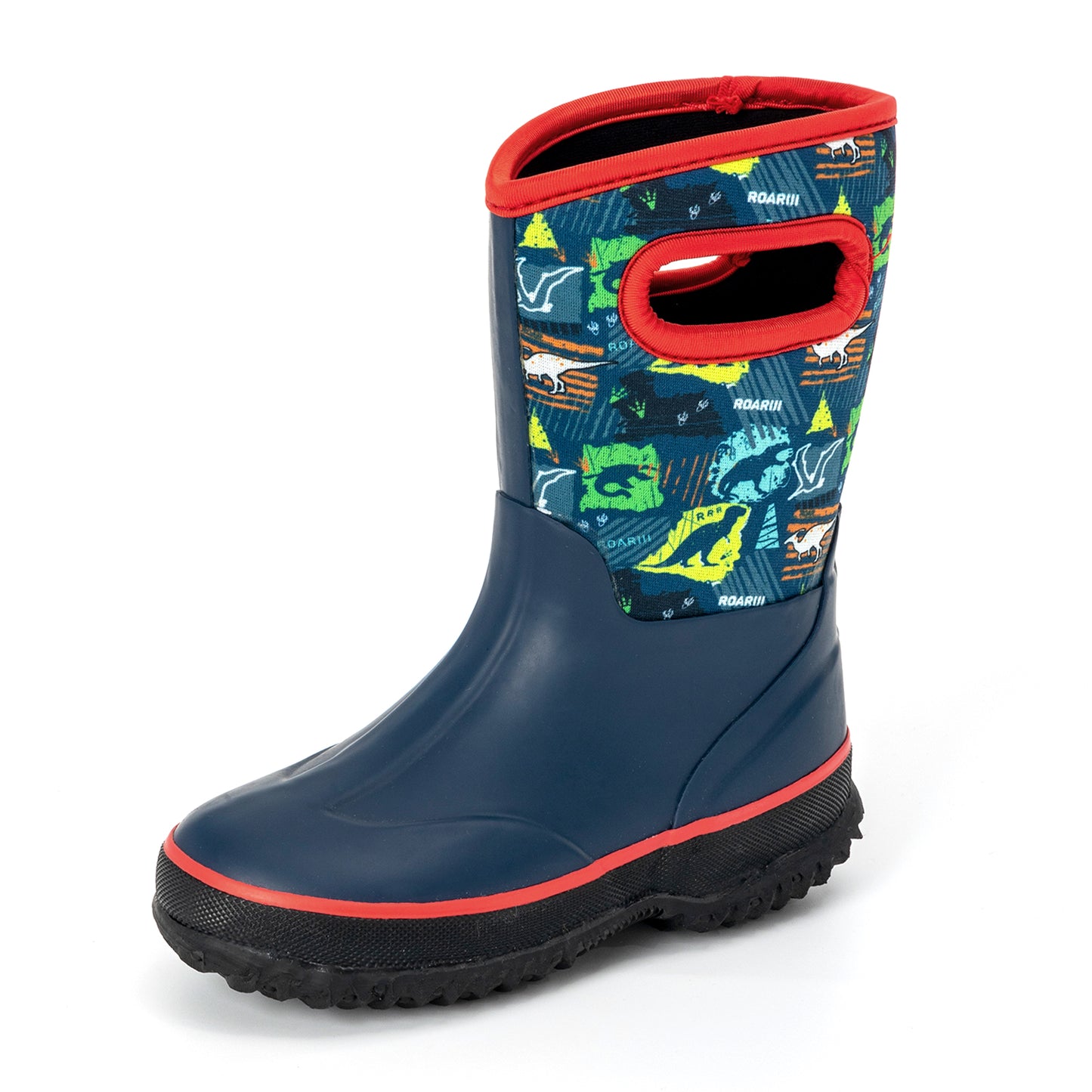 red blue dinosaur mud boots