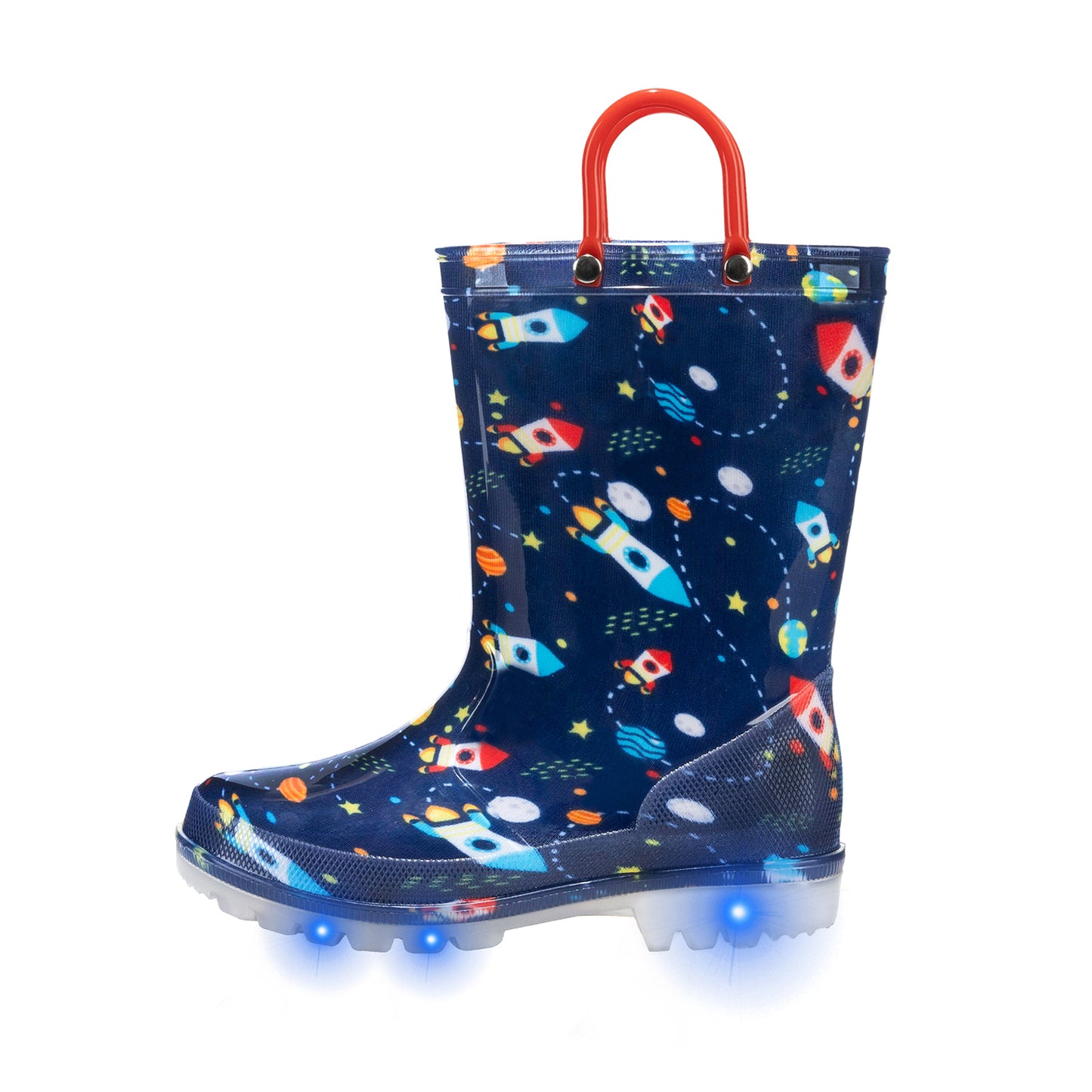 red and blue rocket light up waterproof rain boots