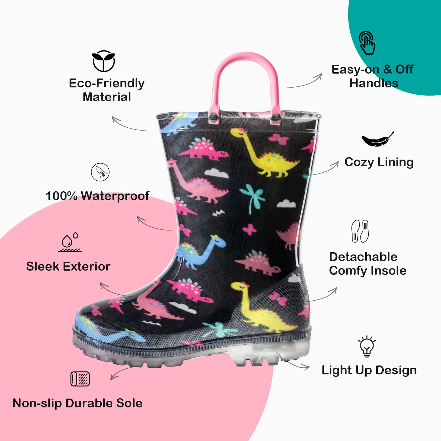 light up black dinosaur rain boots