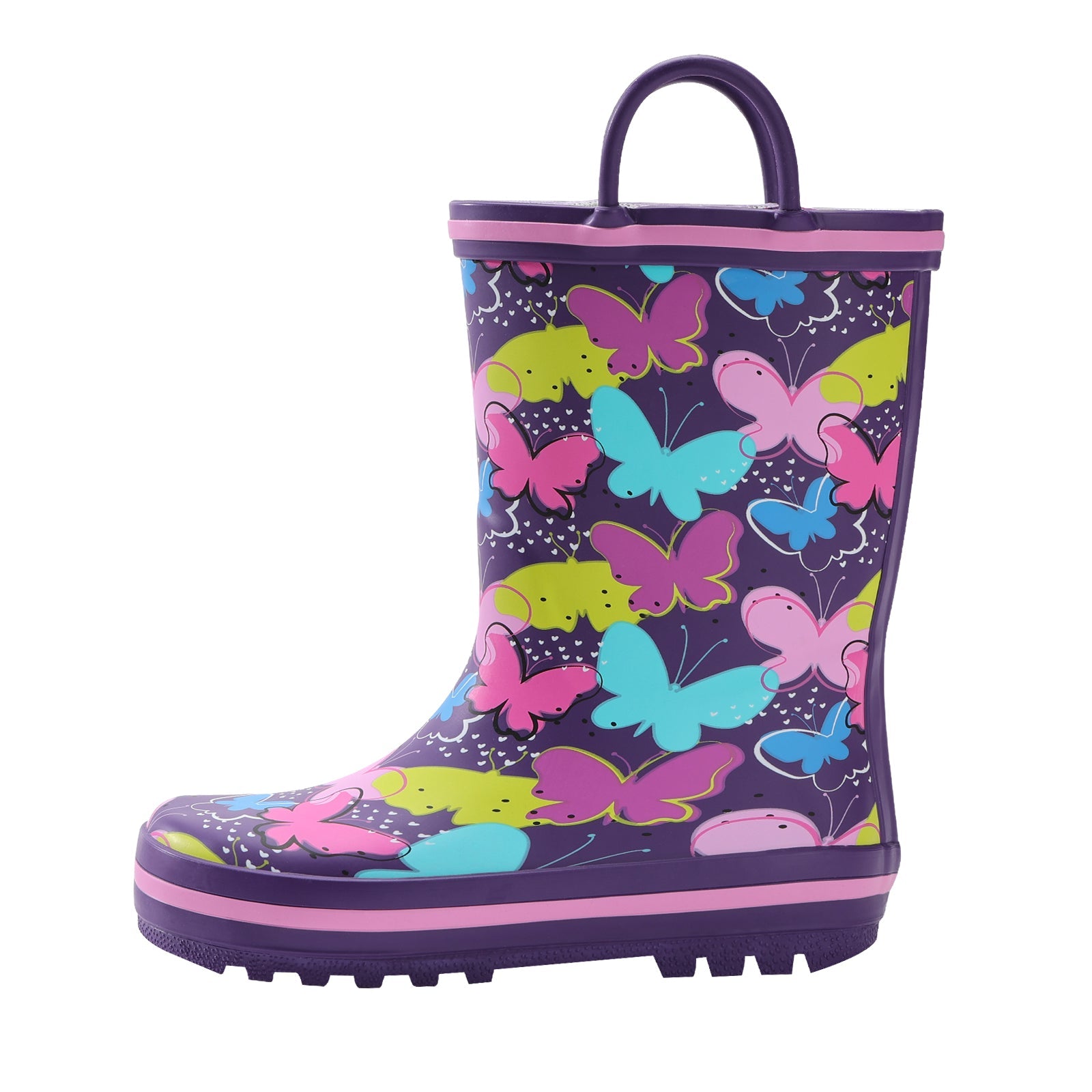 Purple rain boot with colorful butterfly pattern on a white background