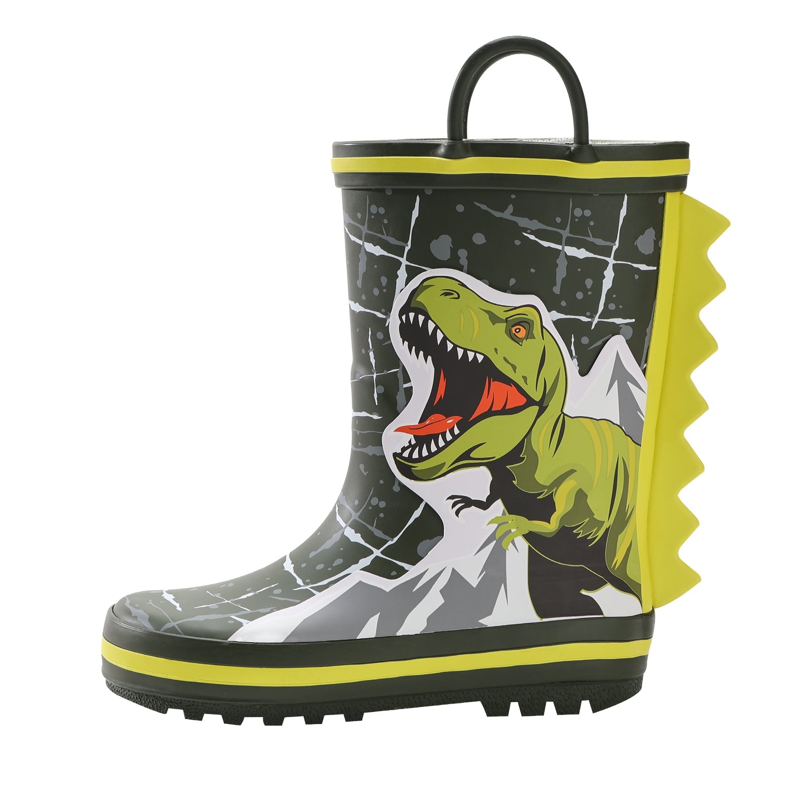 Children's rain boot with dinosaur design on a white background