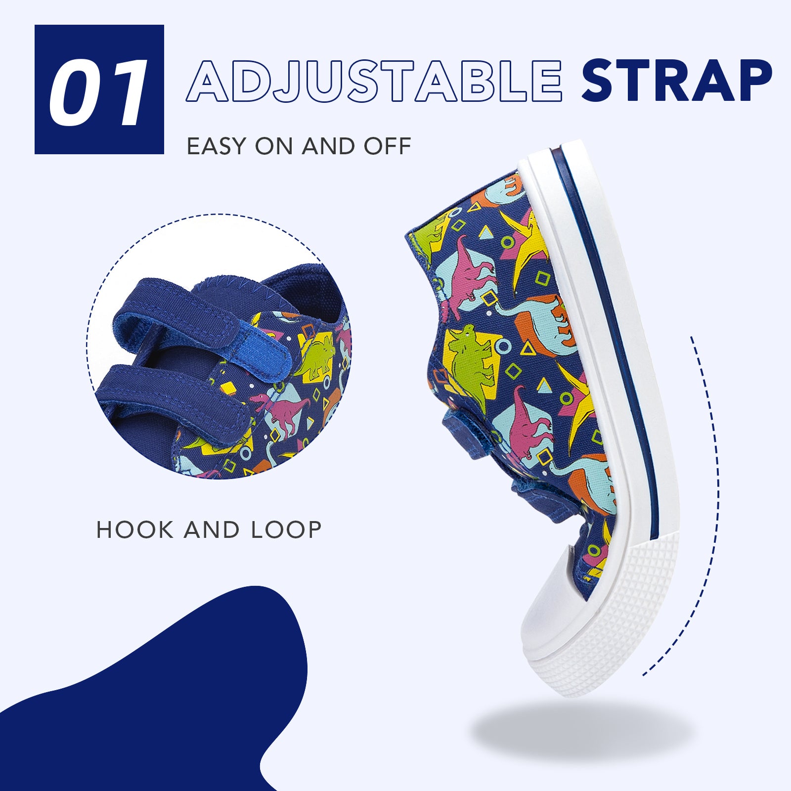 Children's shoe with dinosaur pattern and adjustable strap on a white background