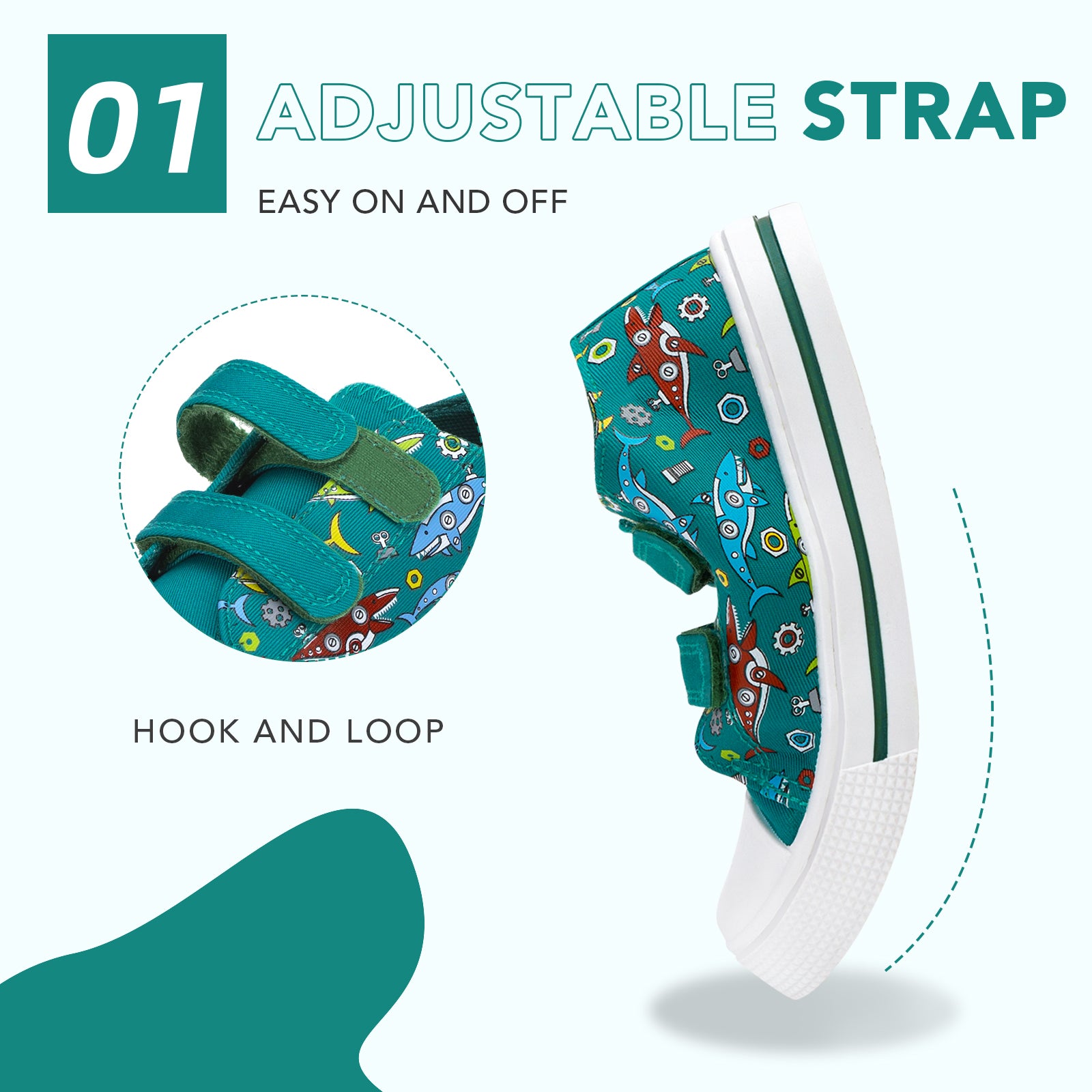 Children's shoe with adjustable strap feature on a white background