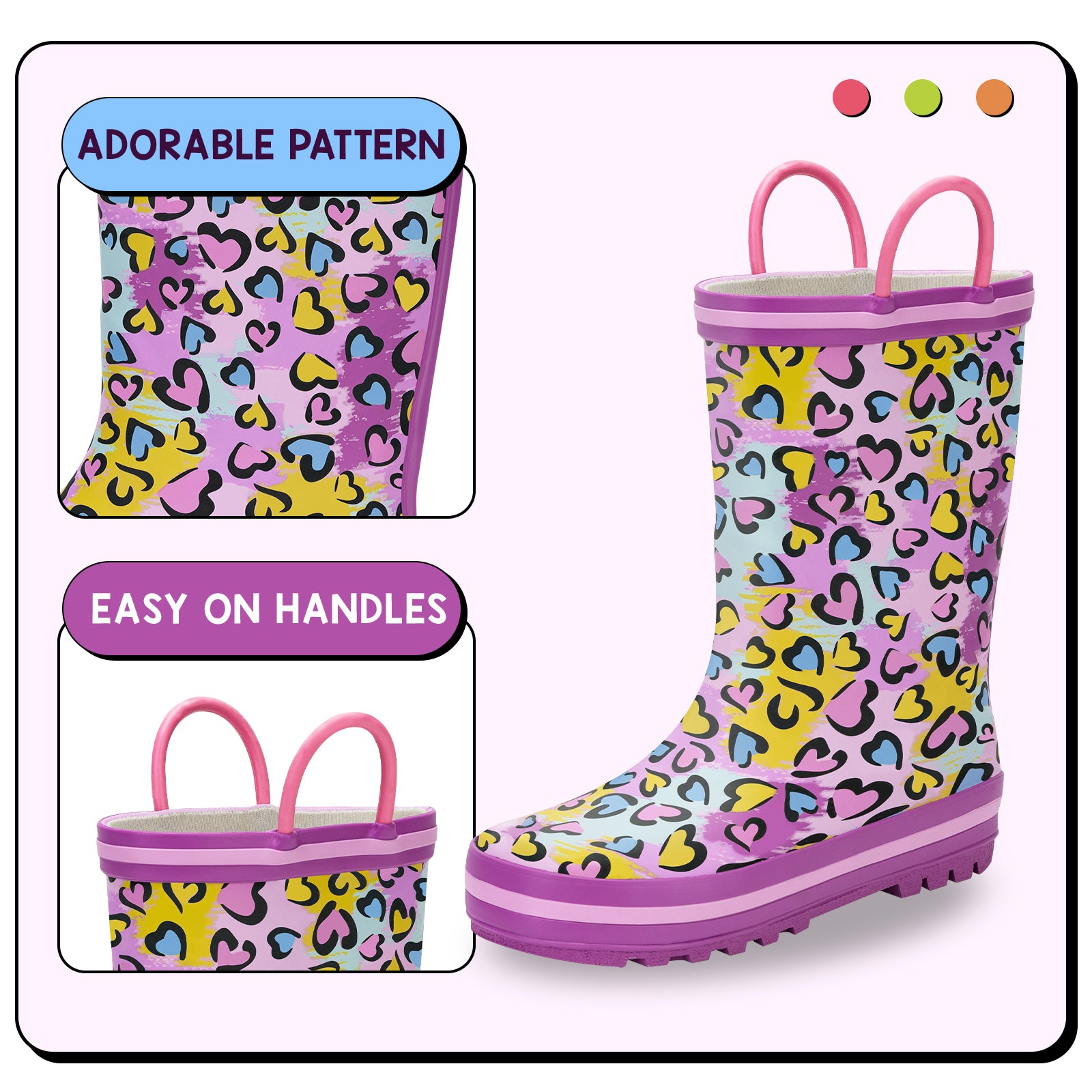 Colorful patterned rain boots with handles on a light pink background