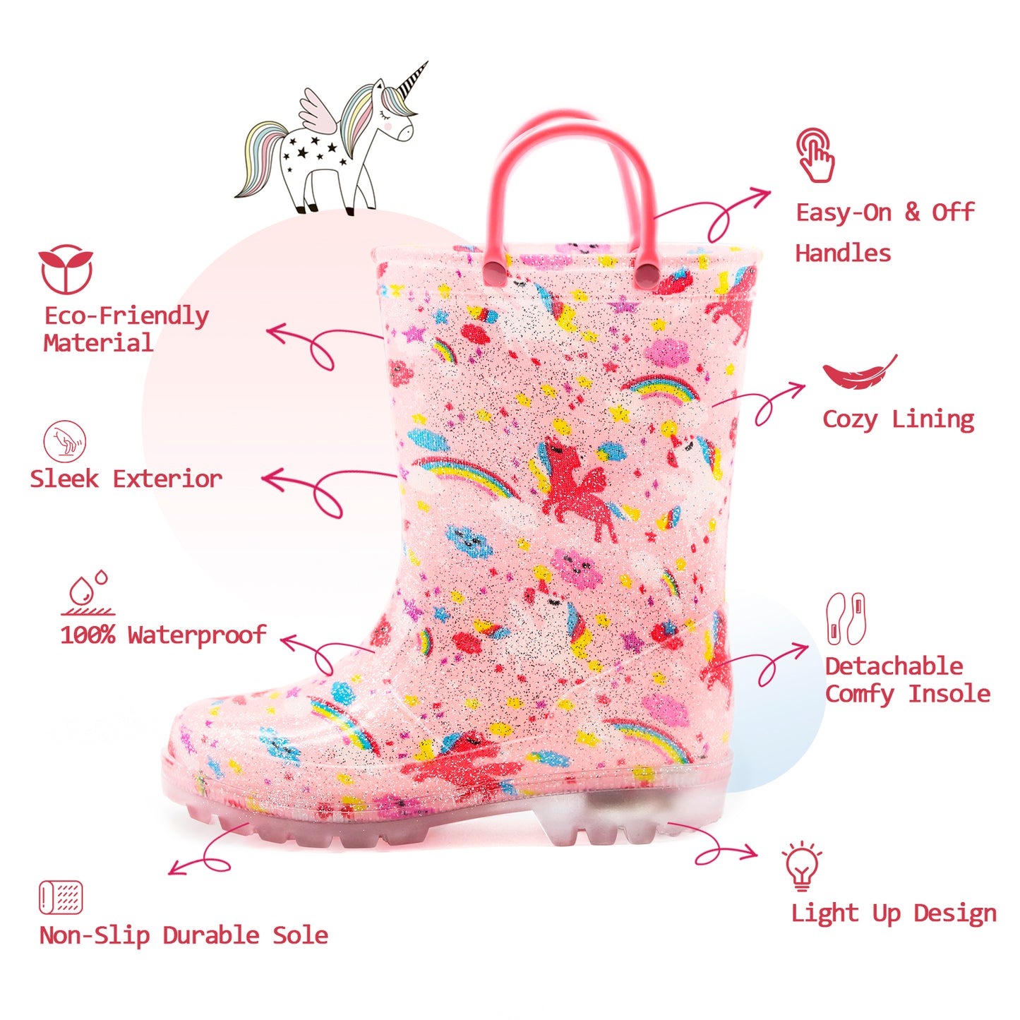 light up glitter pink unicorn kids rain boots with handles