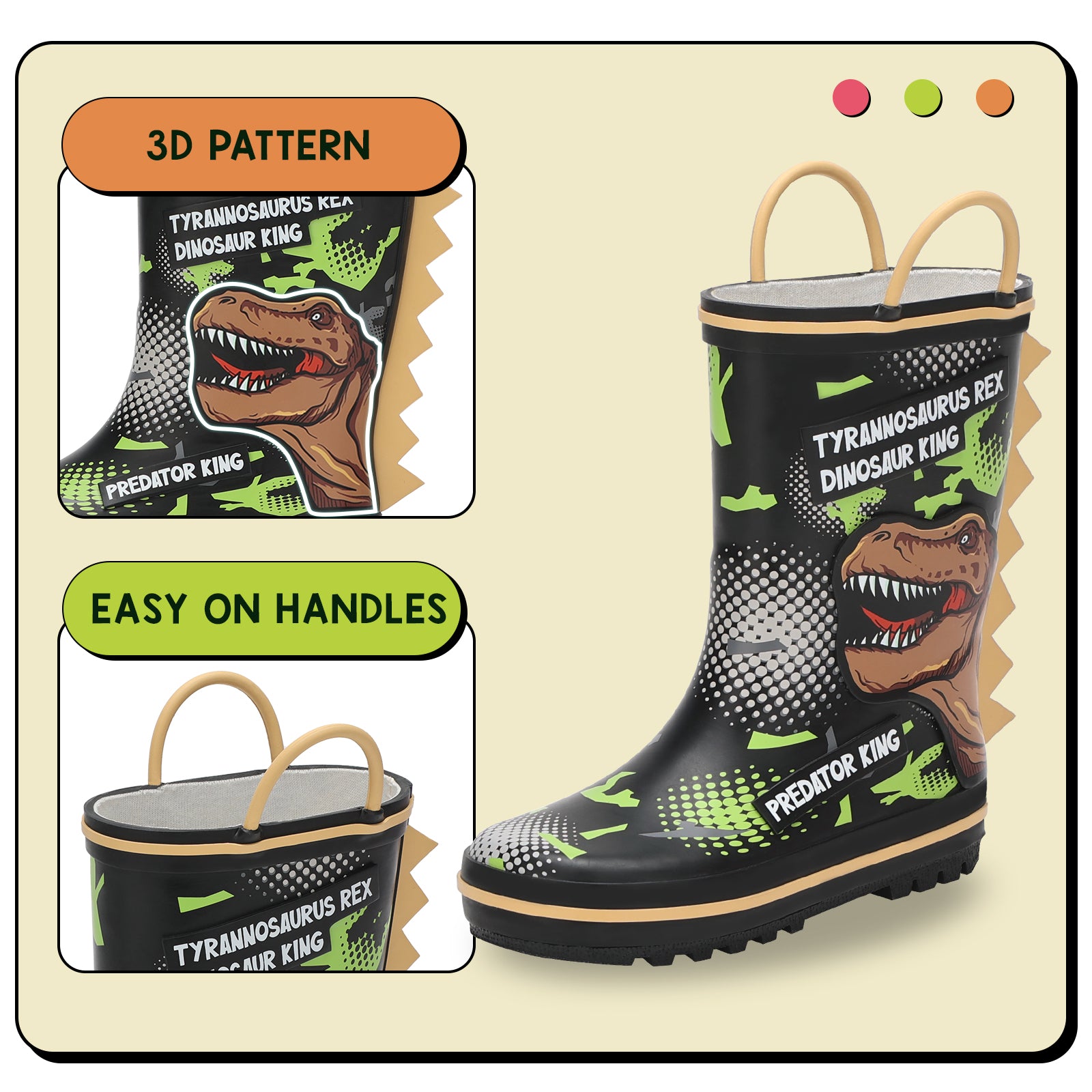 Toddler Kids  Dinosaurs Rubber Rain Boots