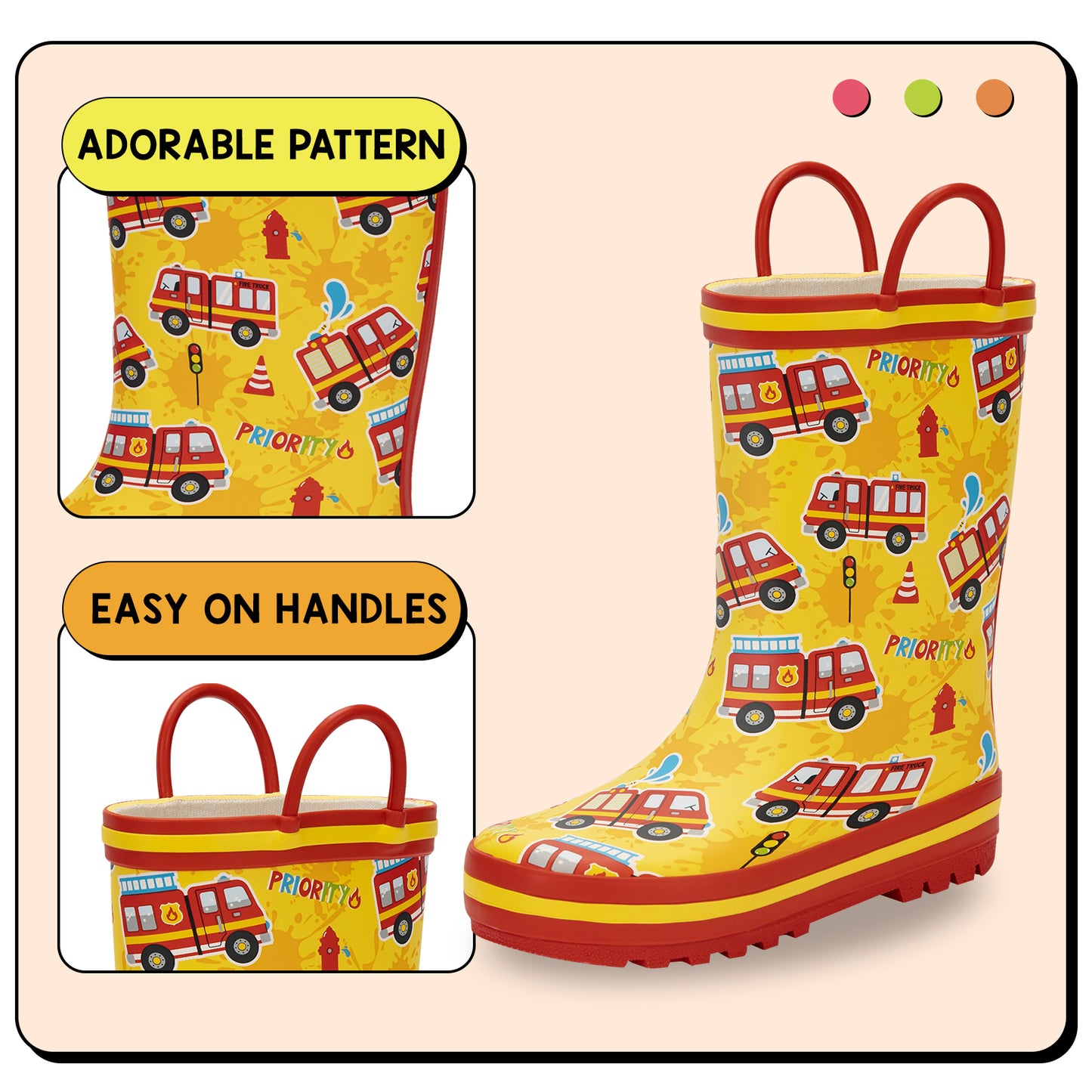 yellow rain boot with fire truck pattern and handles on a beige background