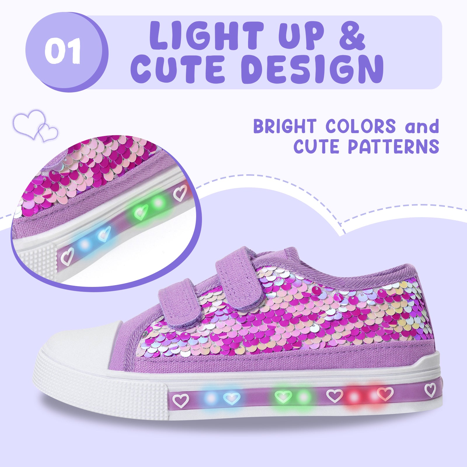 Purple sequin shoe with light-up feature on a purple background