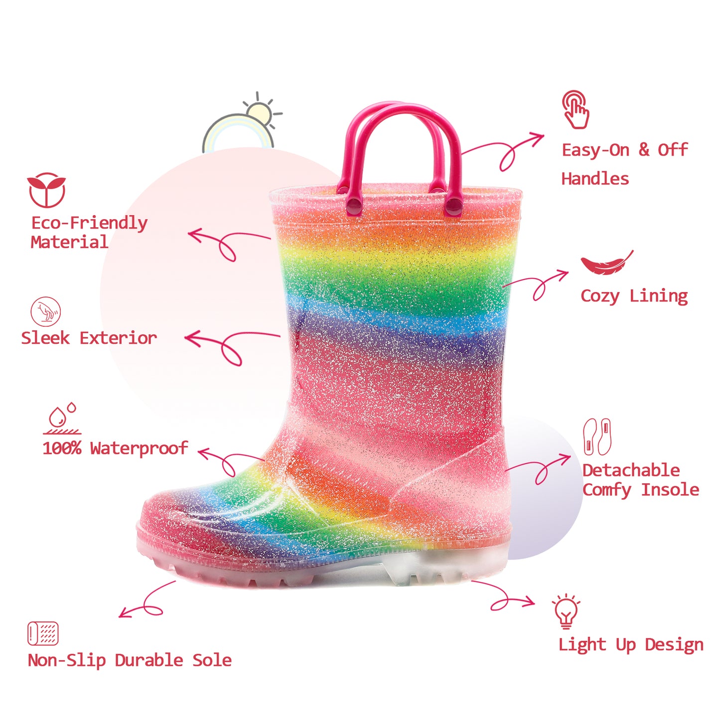 light up kids rain boots with handles - funcoo