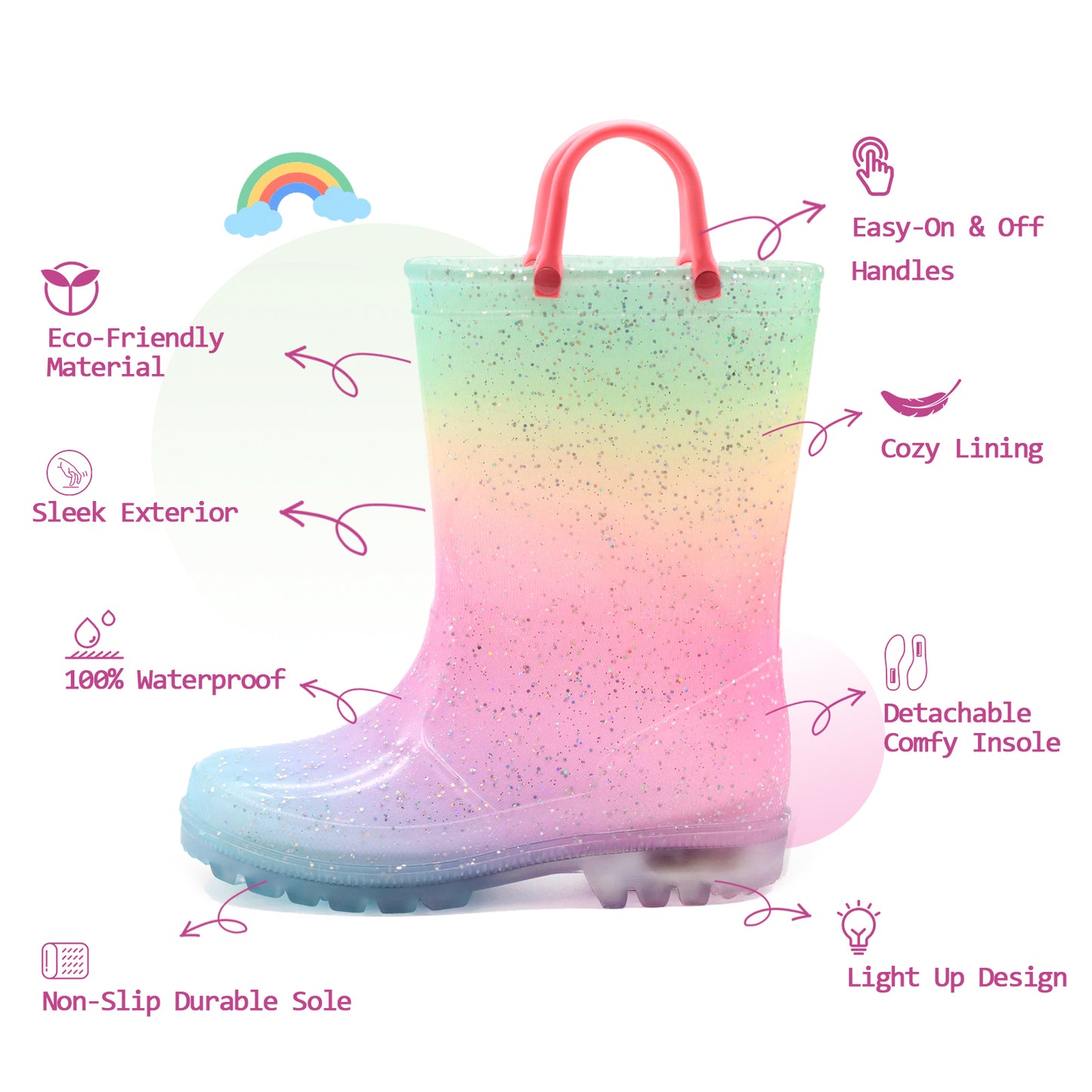 light up kids rain boots with handles