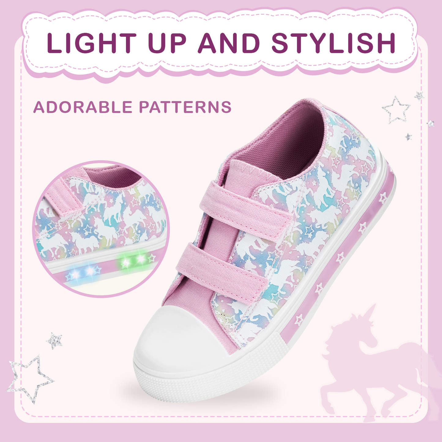 light up pink and purple unicorn dual straps sneakers