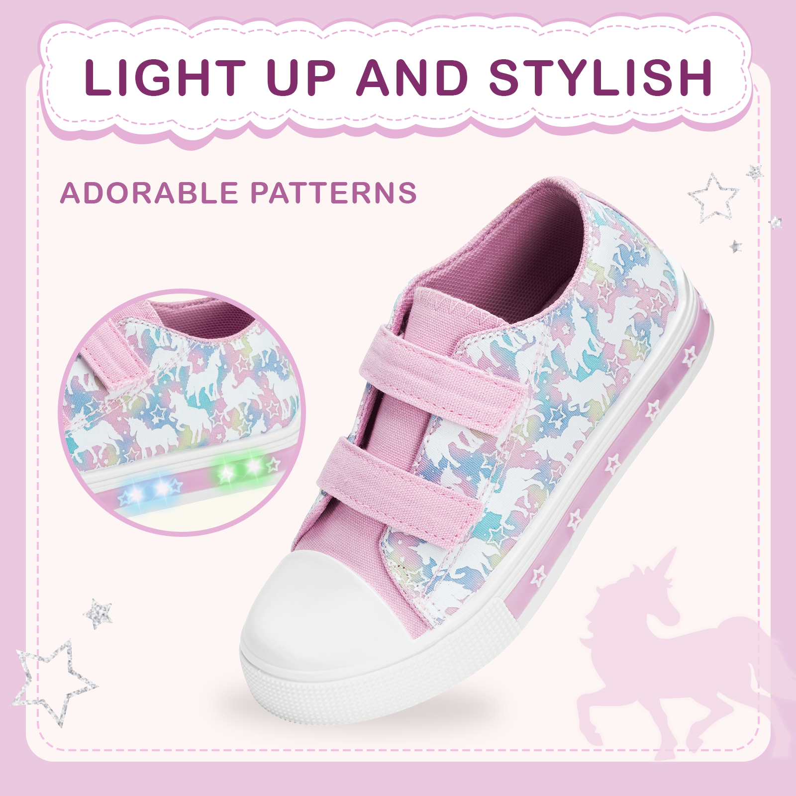 Light Up Pink And Purple Unicorn Dual Straps Sneakers