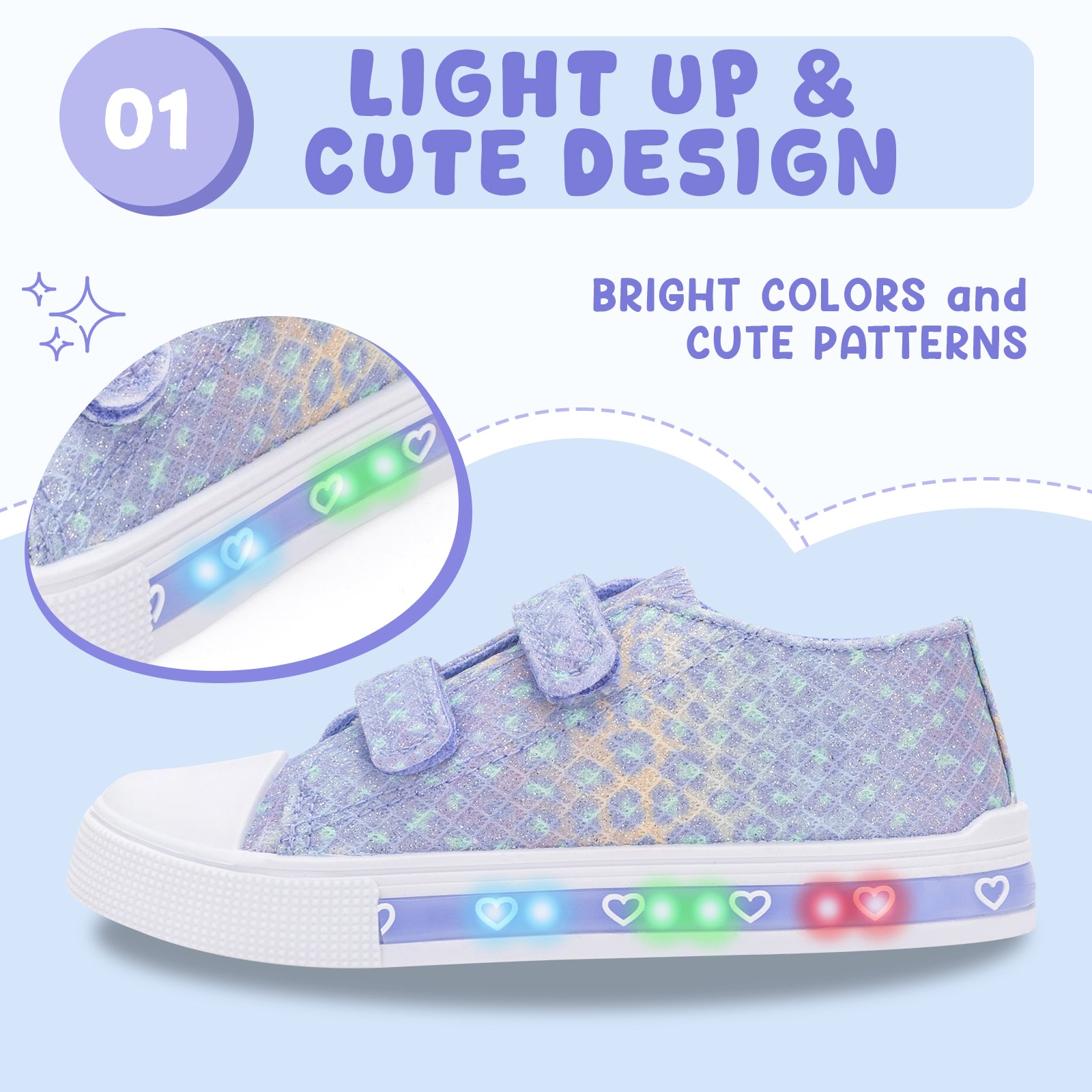 Children's light-up shoes with colorful LED strip on a light blue background