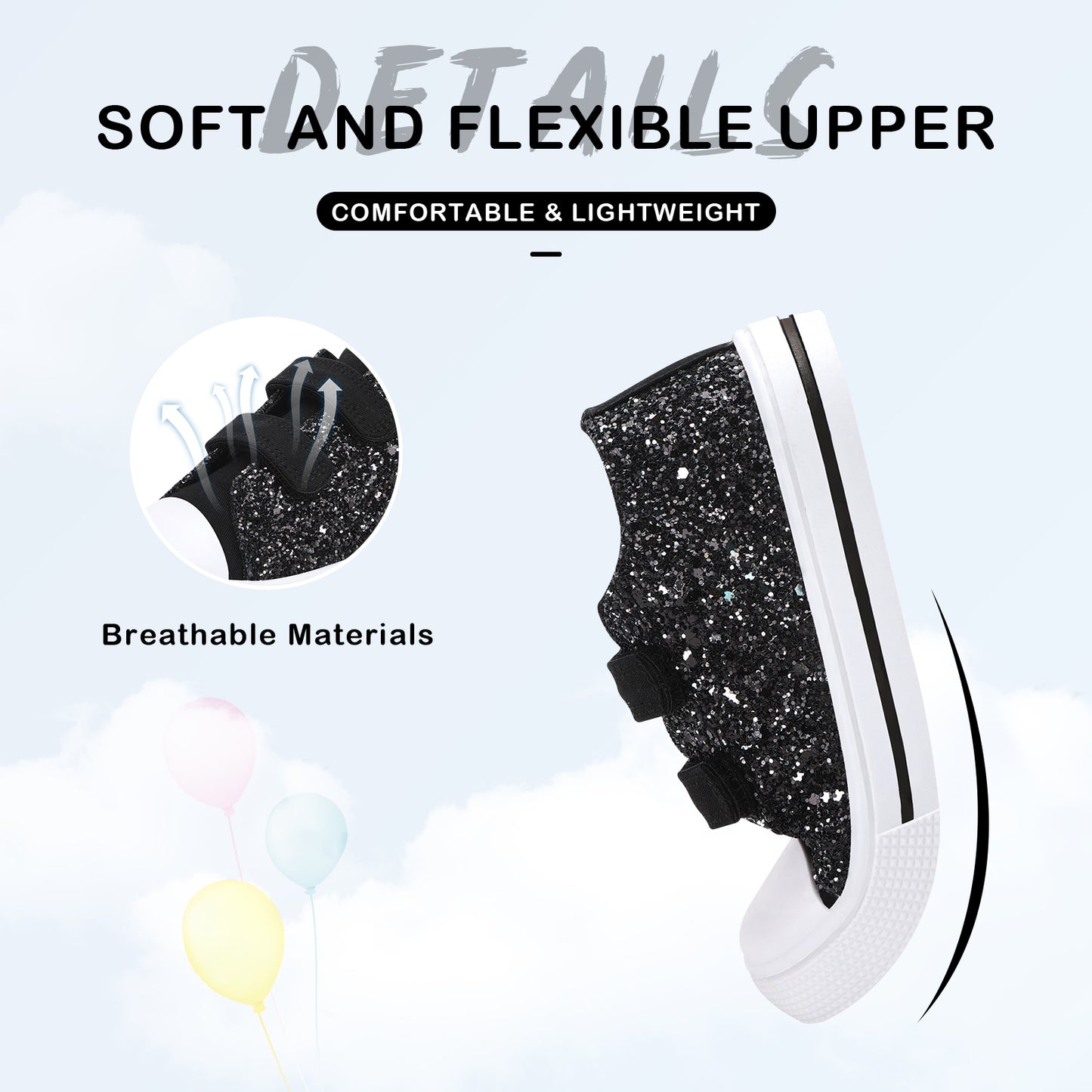 black glitter sneaker with text highlighting soft and flexible upper, comfortable & lightweight, and breathable materials.