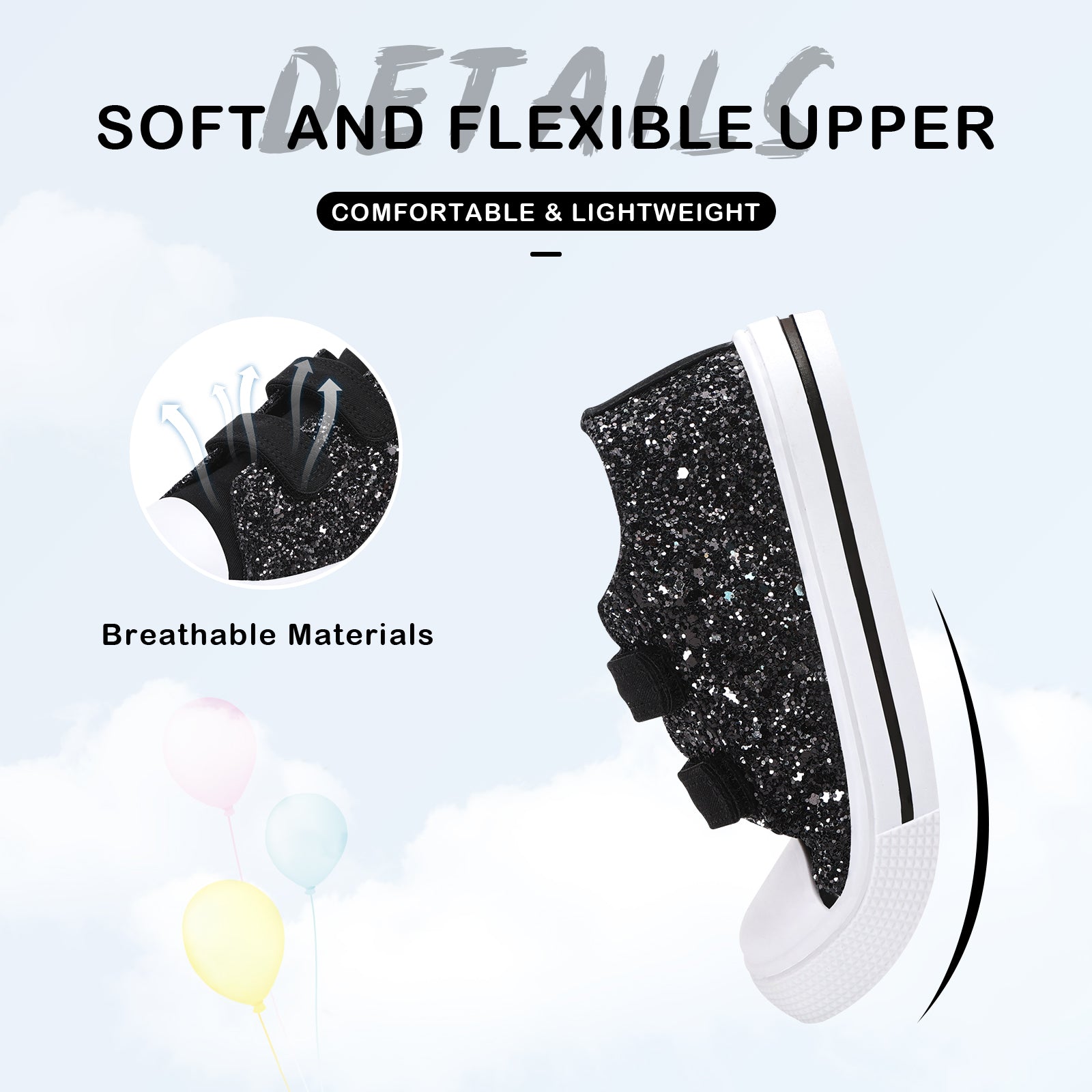 Black glitter sneaker with text highlighting soft and flexible upper, comfortable & lightweight, and breathable materials.