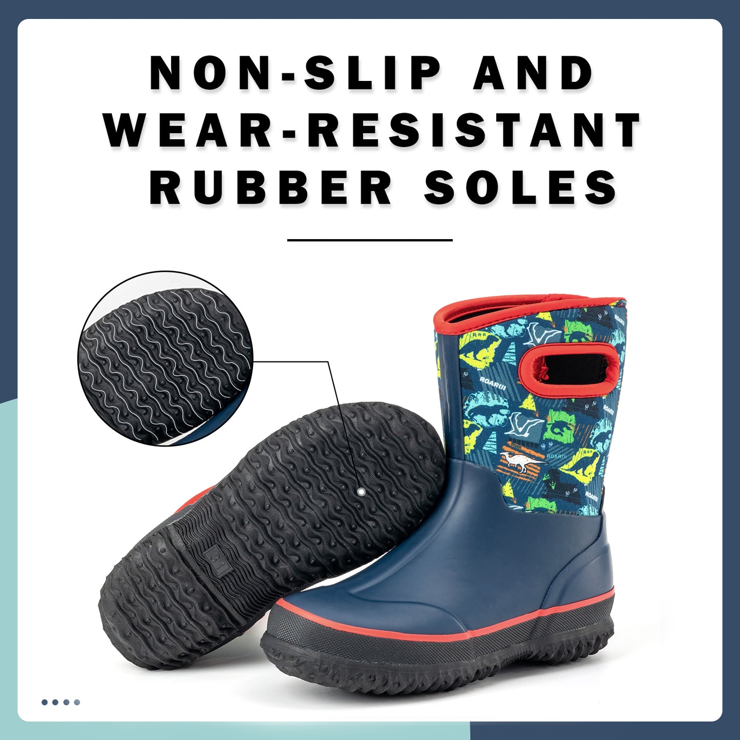 red blue dinosaur mud boots