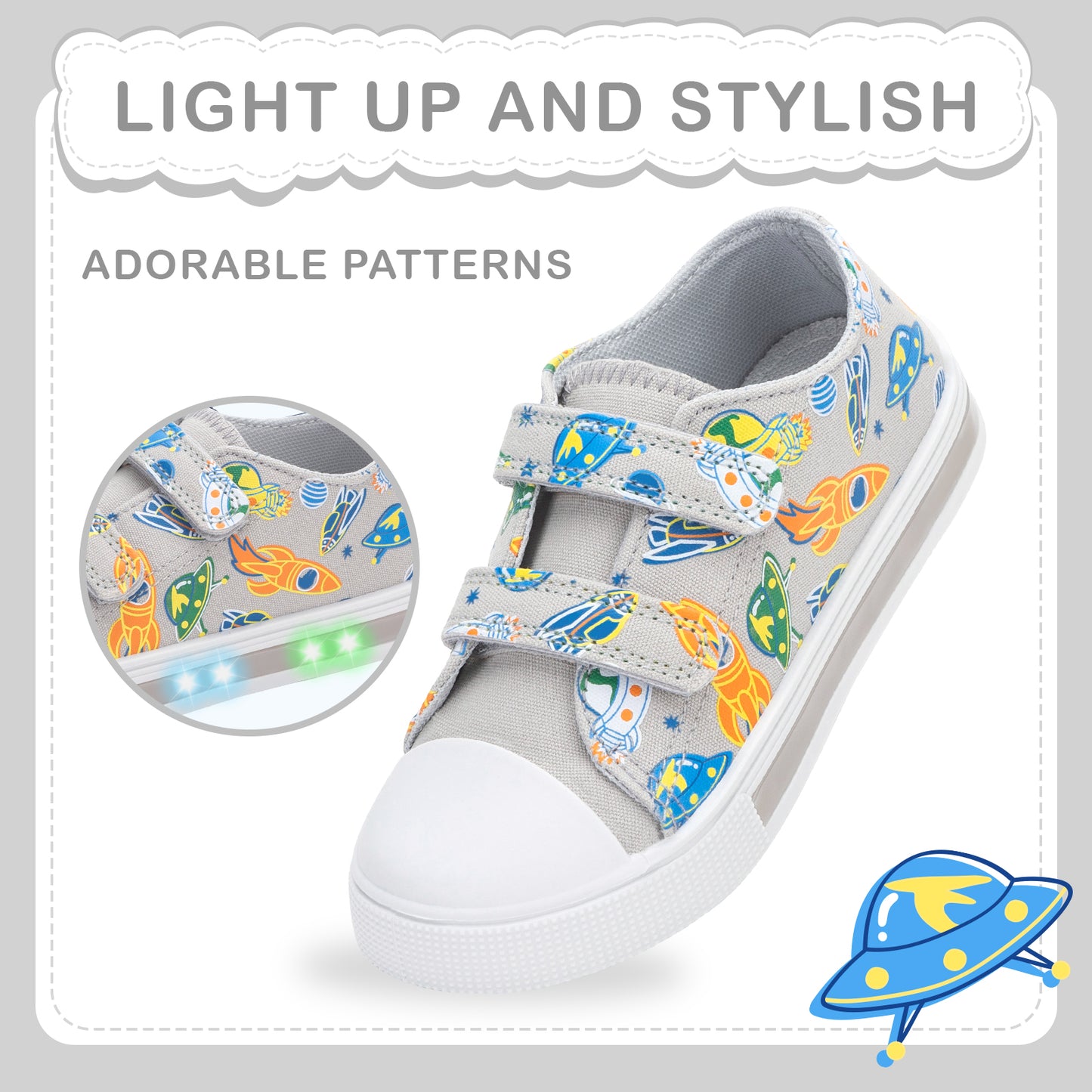 boys girls sneakers gray rocket ufo light up canvas shoes