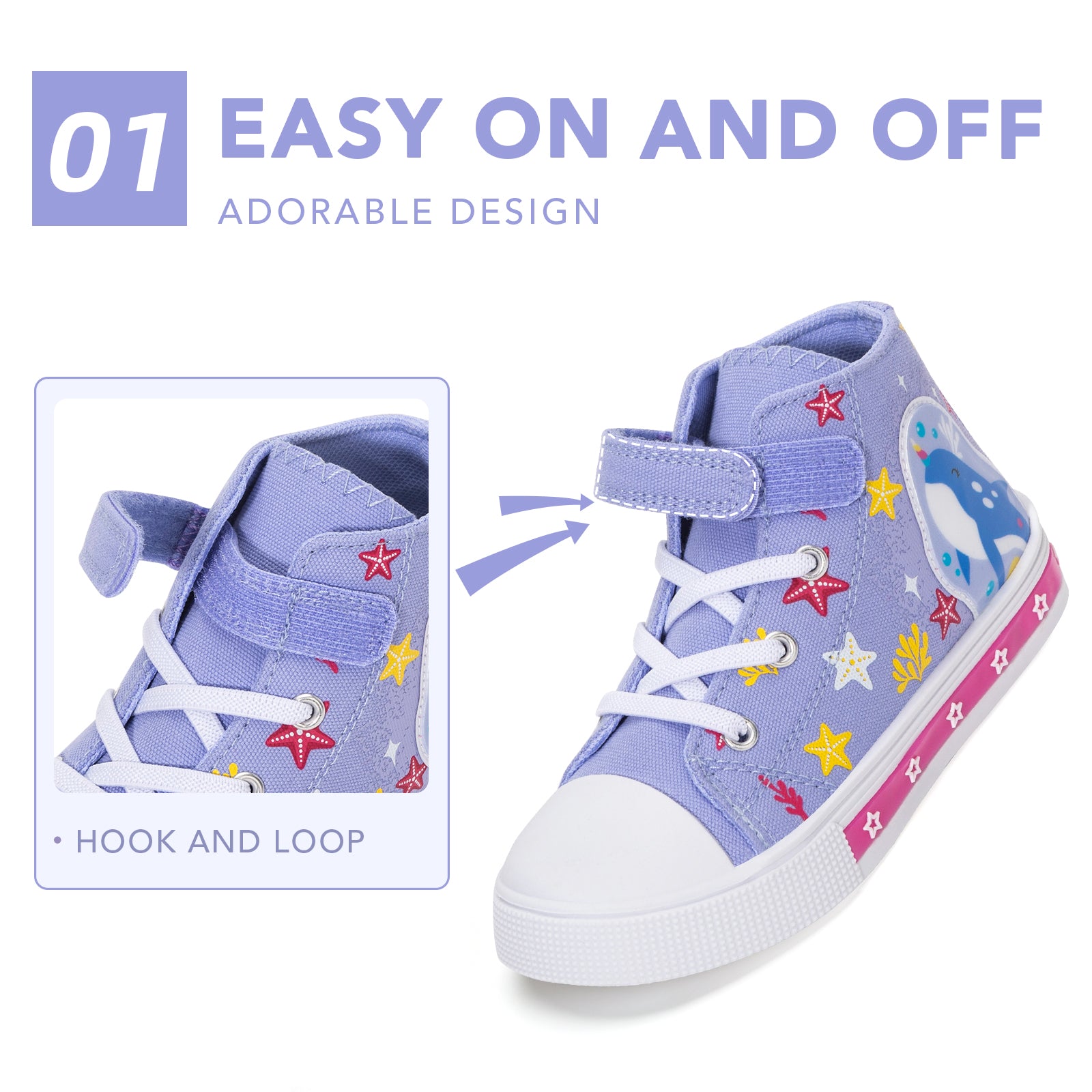Purple children's shoe with star patterns on a white background