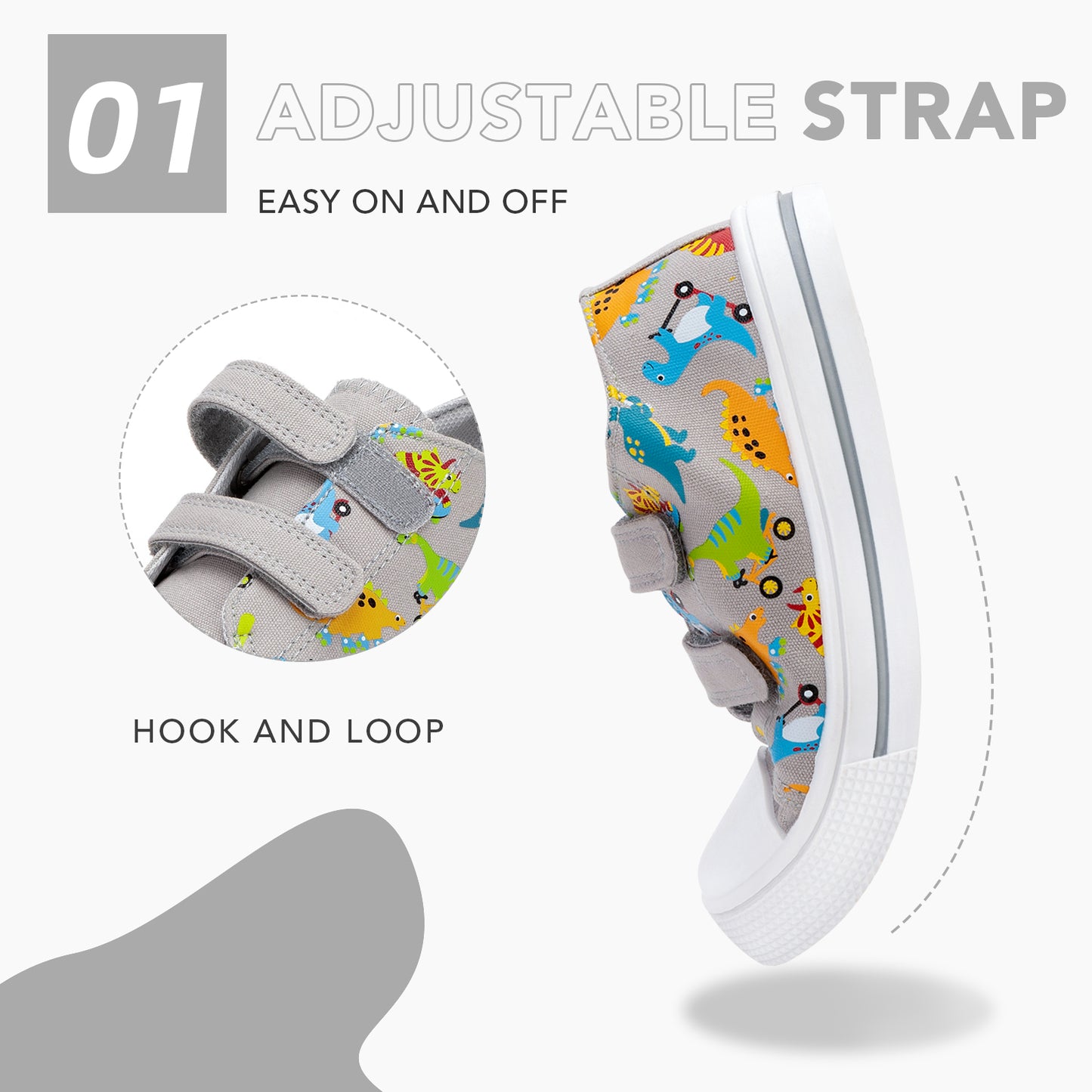 children's shoe with adjustable strap featuring colorful dinosaur design on a white background.