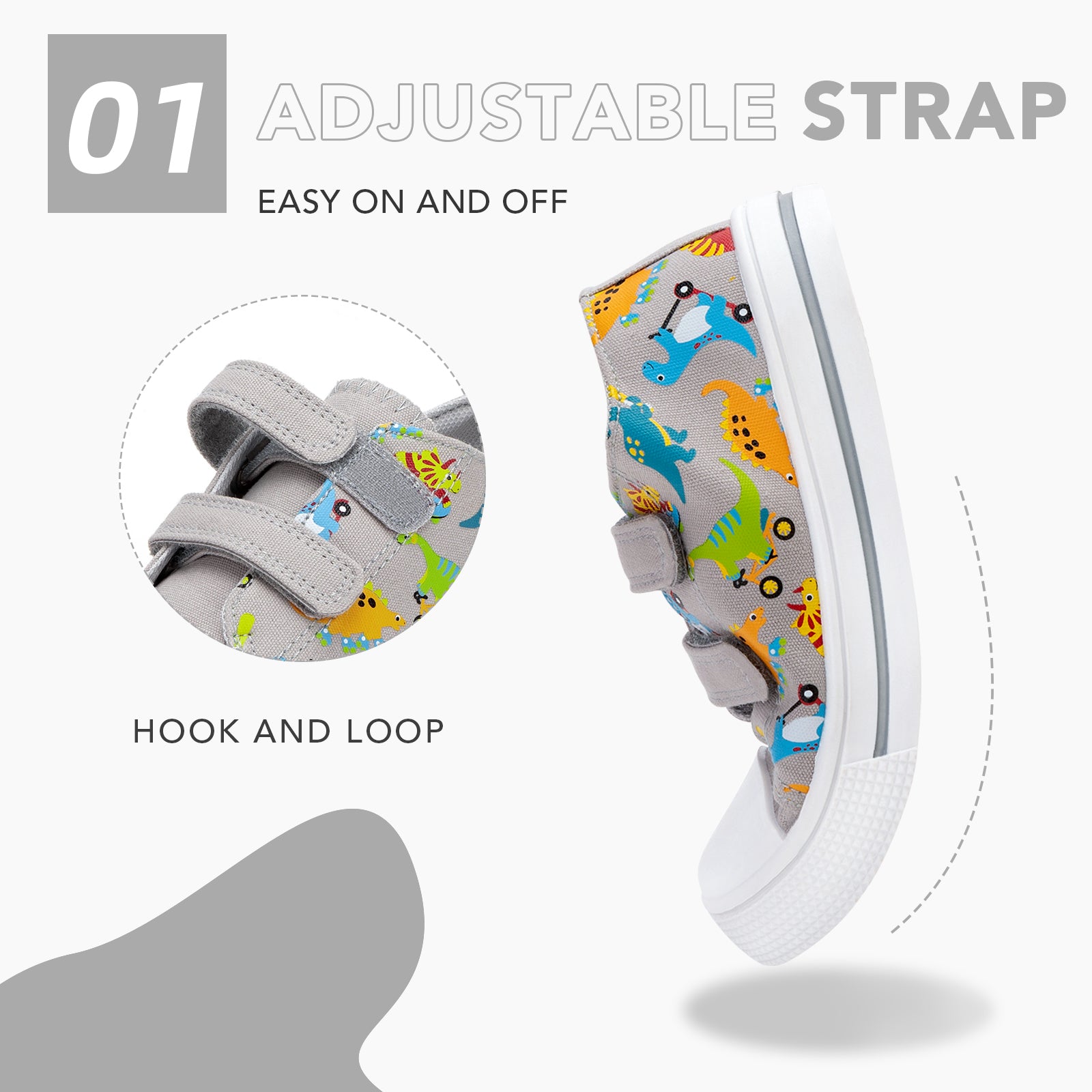 Children's shoe with adjustable strap featuring colorful dinosaur design on a white background.
