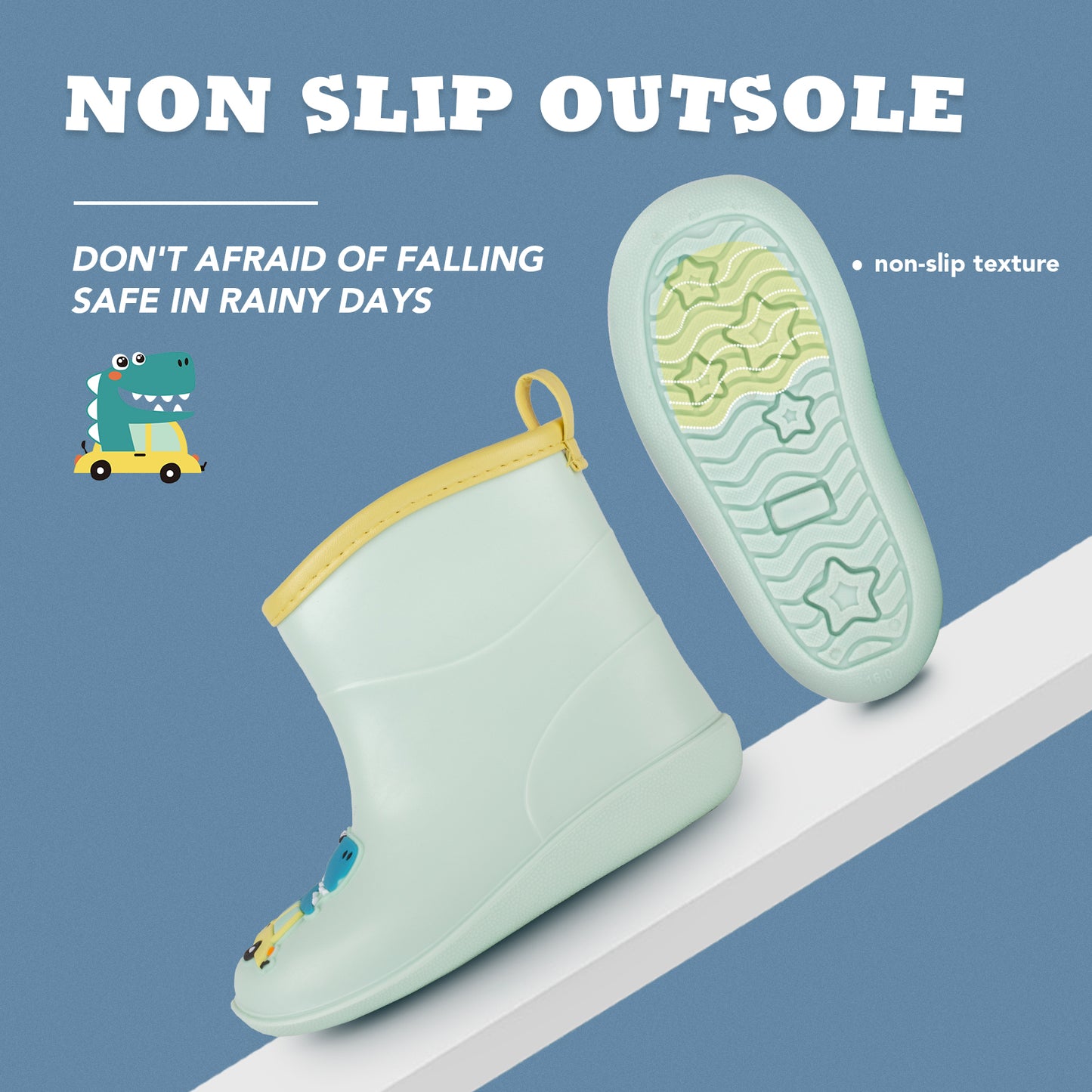 kids-toddler green dinosaur rain boots
