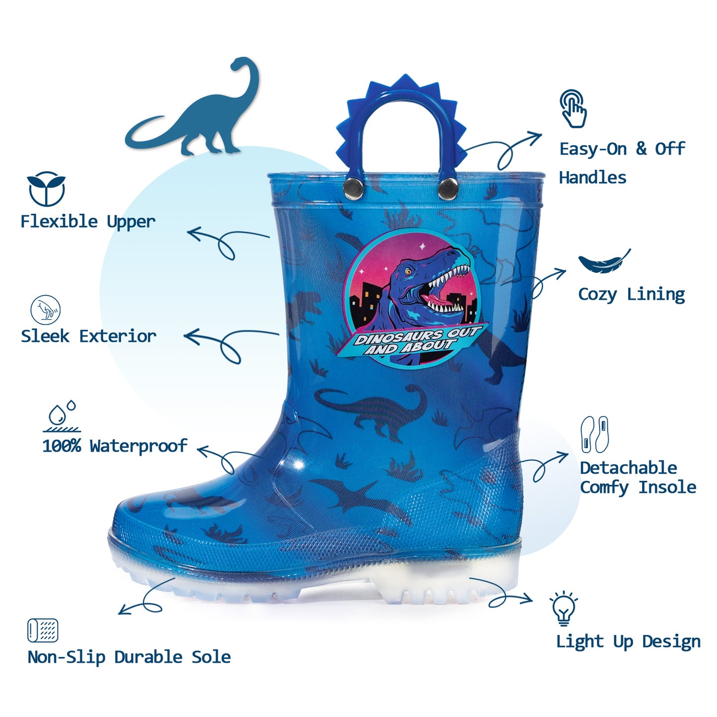 light up rain boots blue dinosaur with handles
