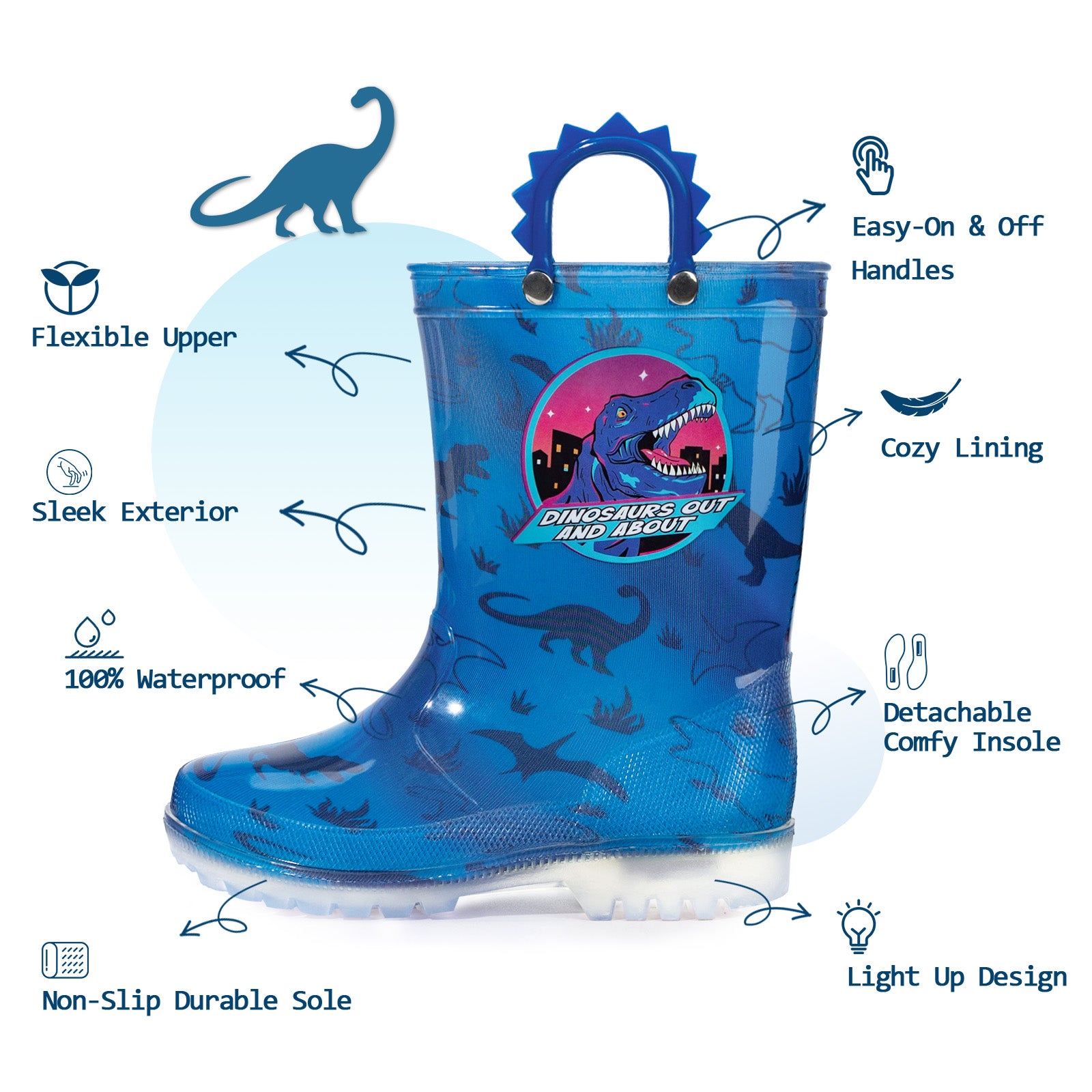 Light Up Rain Boots Blue Dinosaur with Handles