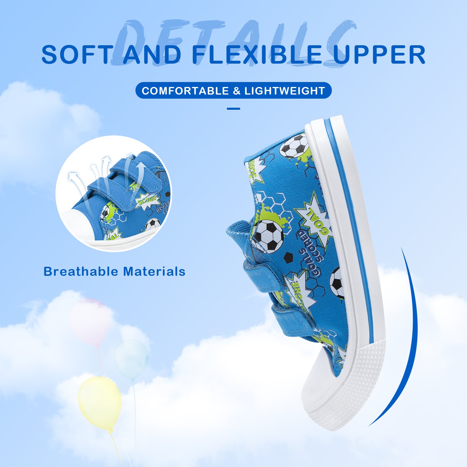 Blue children's shoes with soccer design on a cloud-themed background