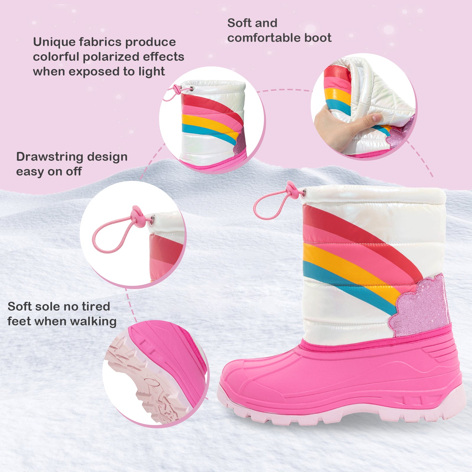 Toddler Girls Rainbow Winter Snow Boots - FUNCOO