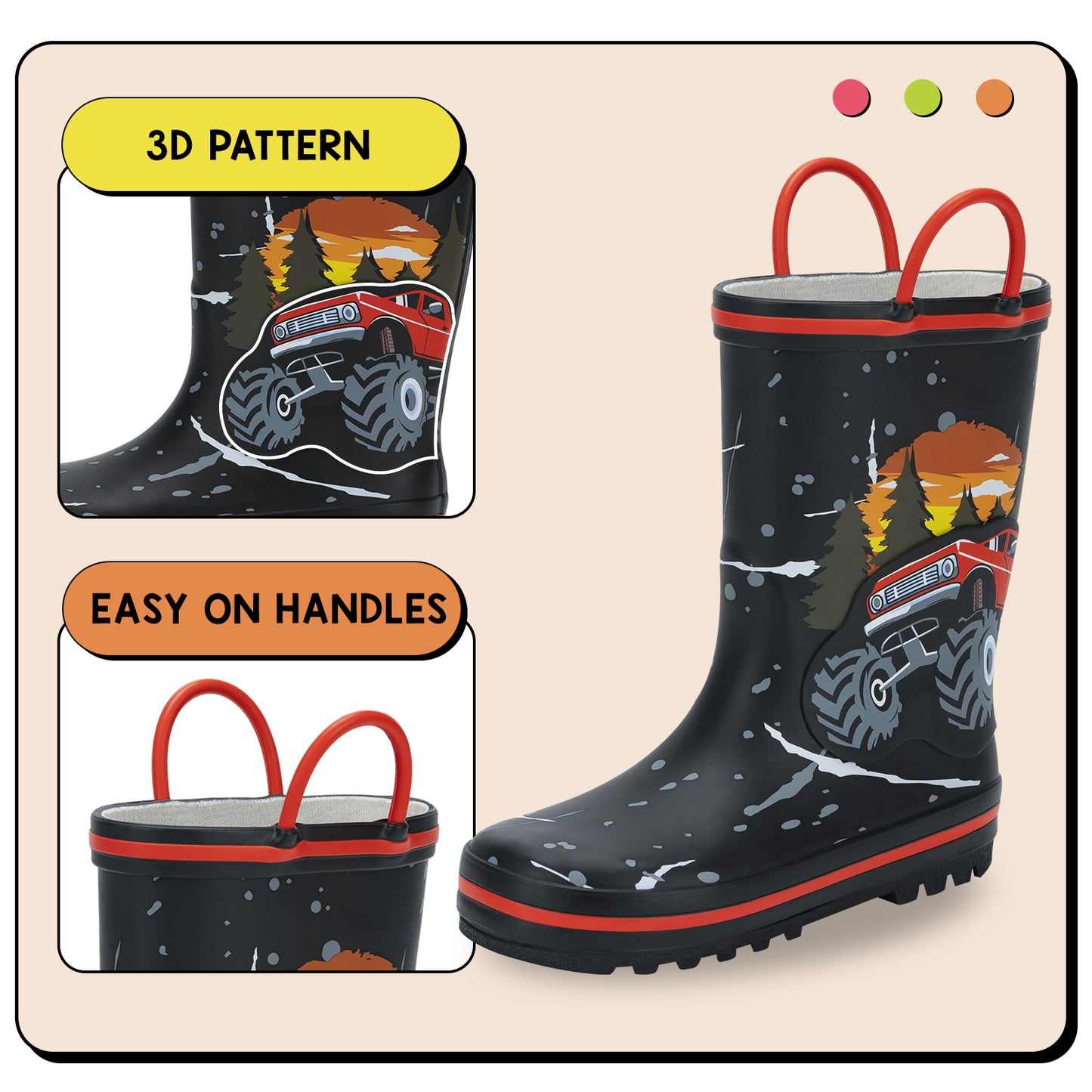 children's black rain boots with red handles and monster truck design on a beige background