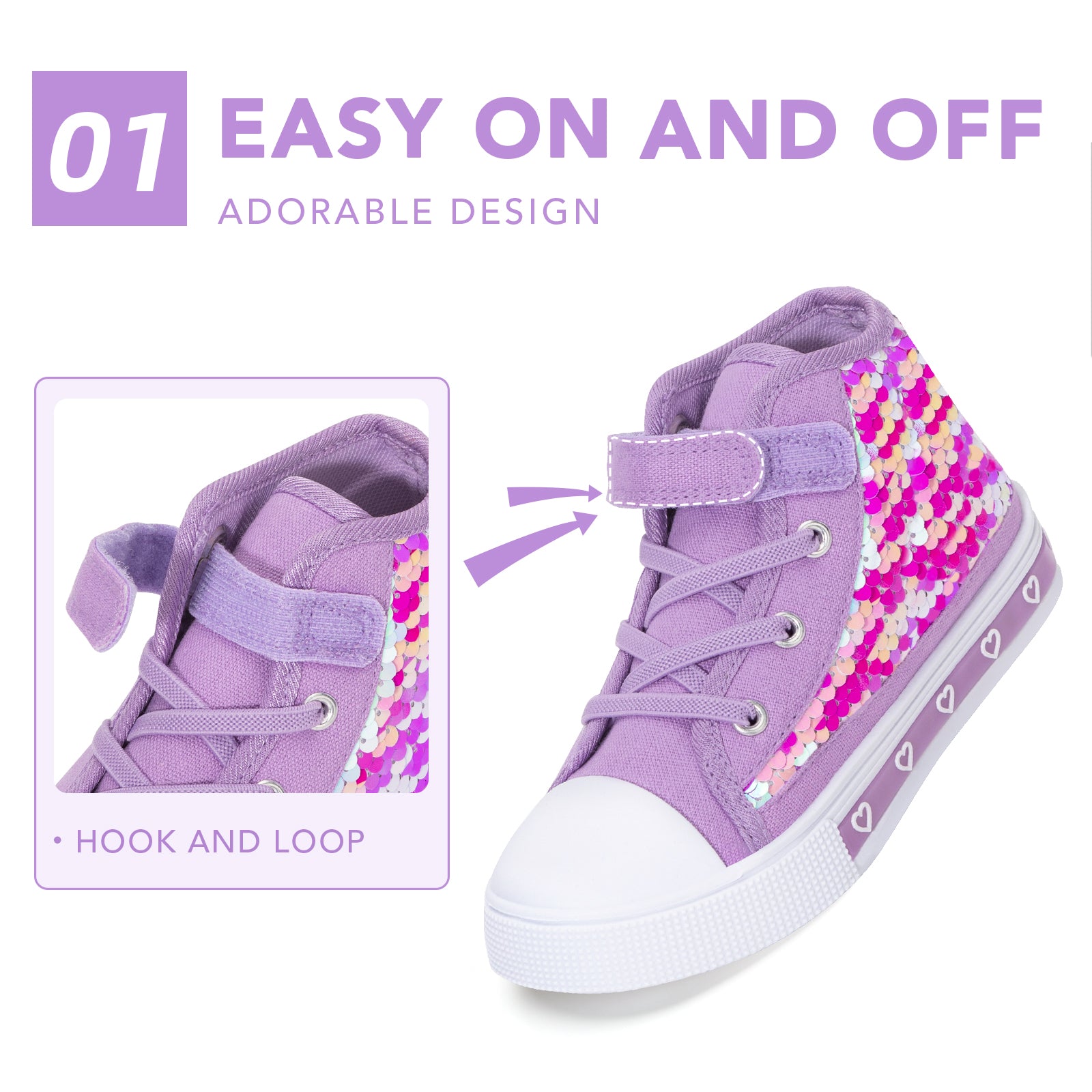 Purple high-top sneakers with colorful pattern and text highlighting 'Easy on and off' design.