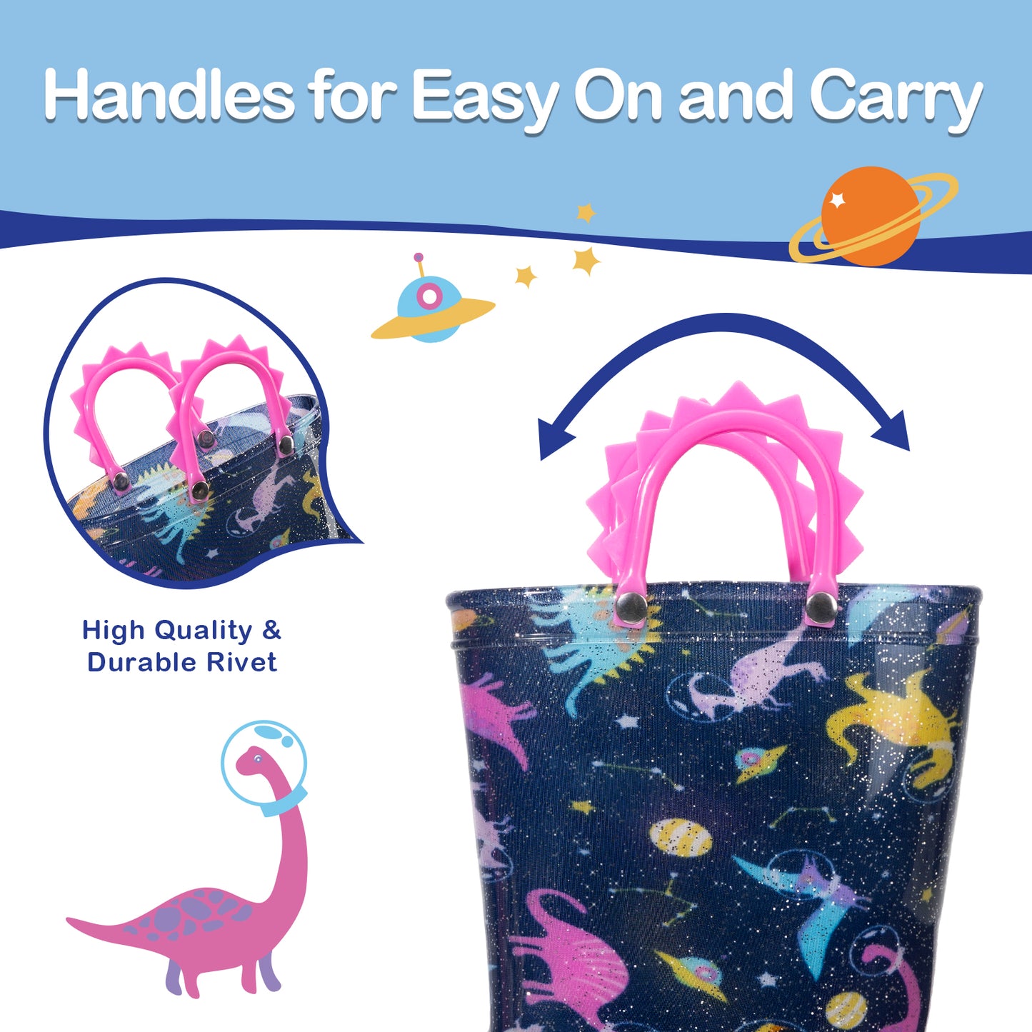 girls' space dinosaur light up waterproof rain boots