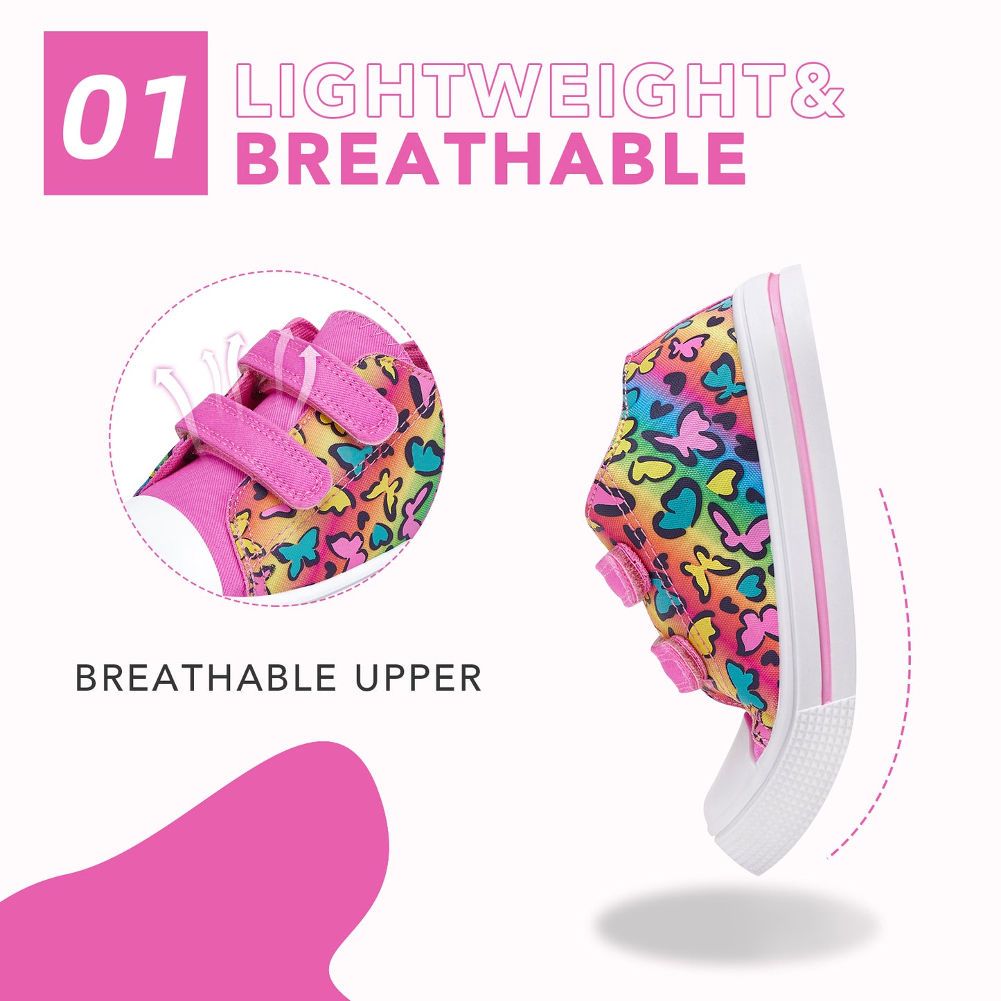 colorful butterfly-patterned shoe with pink accents on a white background, highlighting breathability.