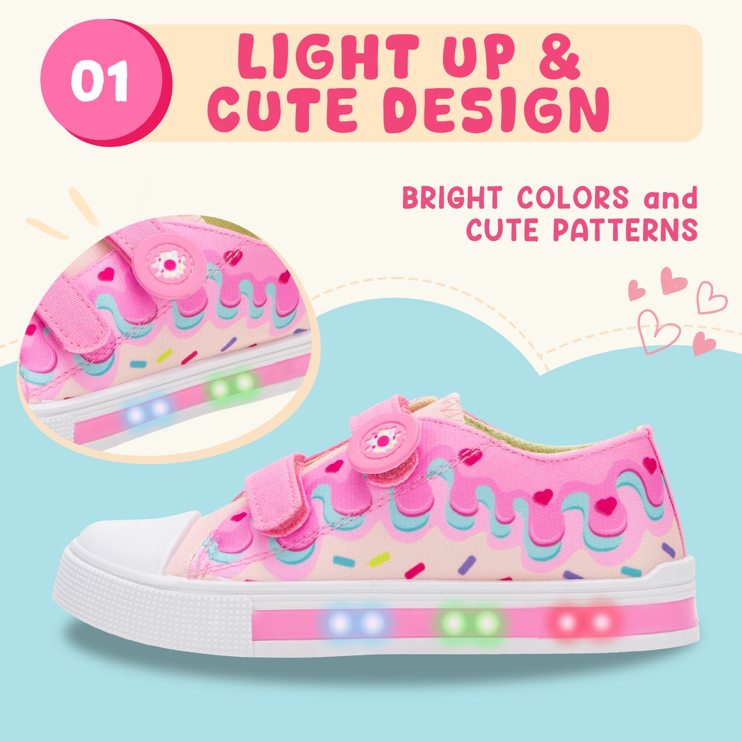 boys girls sneakers big pink cake light up canvas shoes