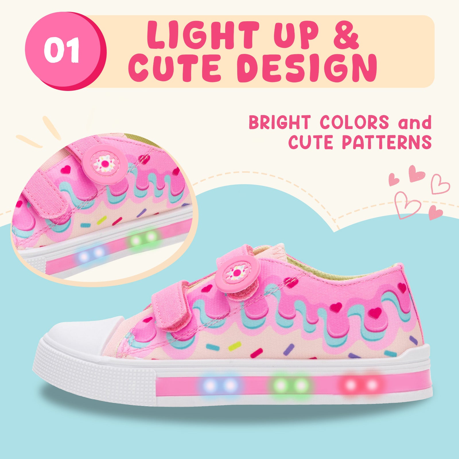Boys Girls Sneakers Big Pink Cake Light Up Canvas Shoes